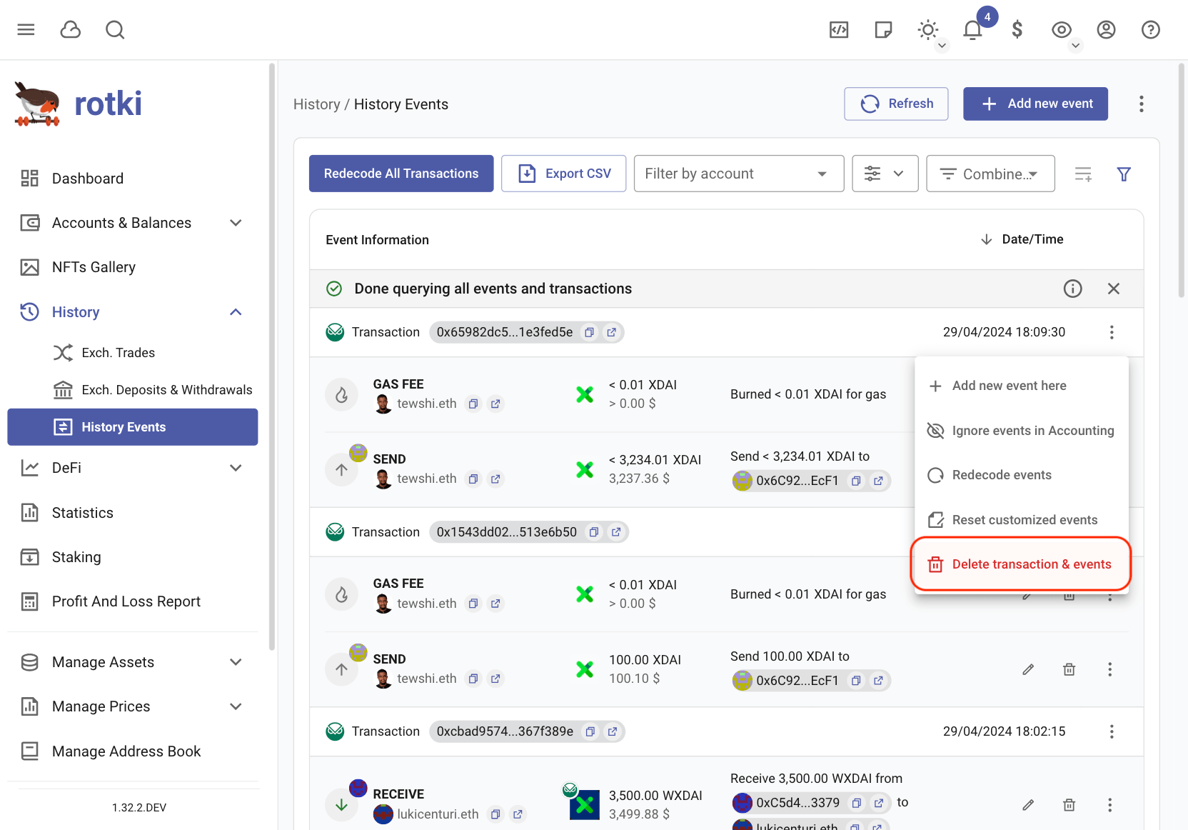 Menu to delete EVM transactions events