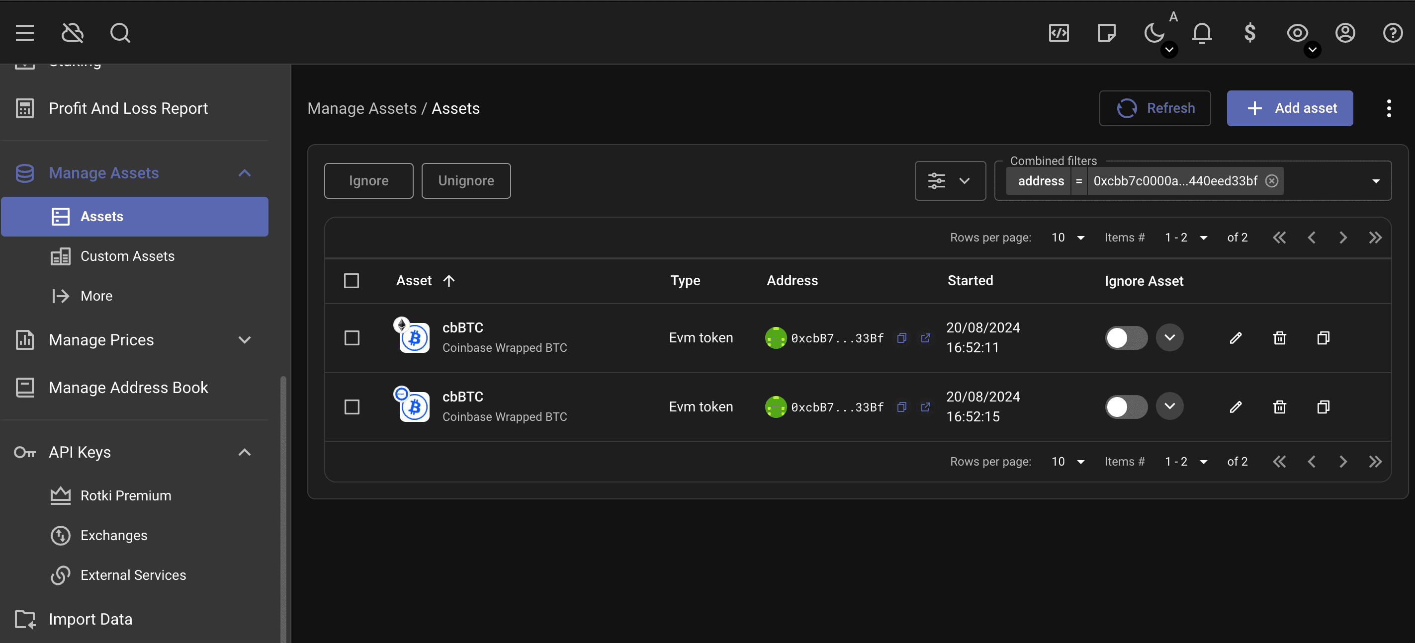 Example of managing assets and whitelisting a token in the Manage Assets page.