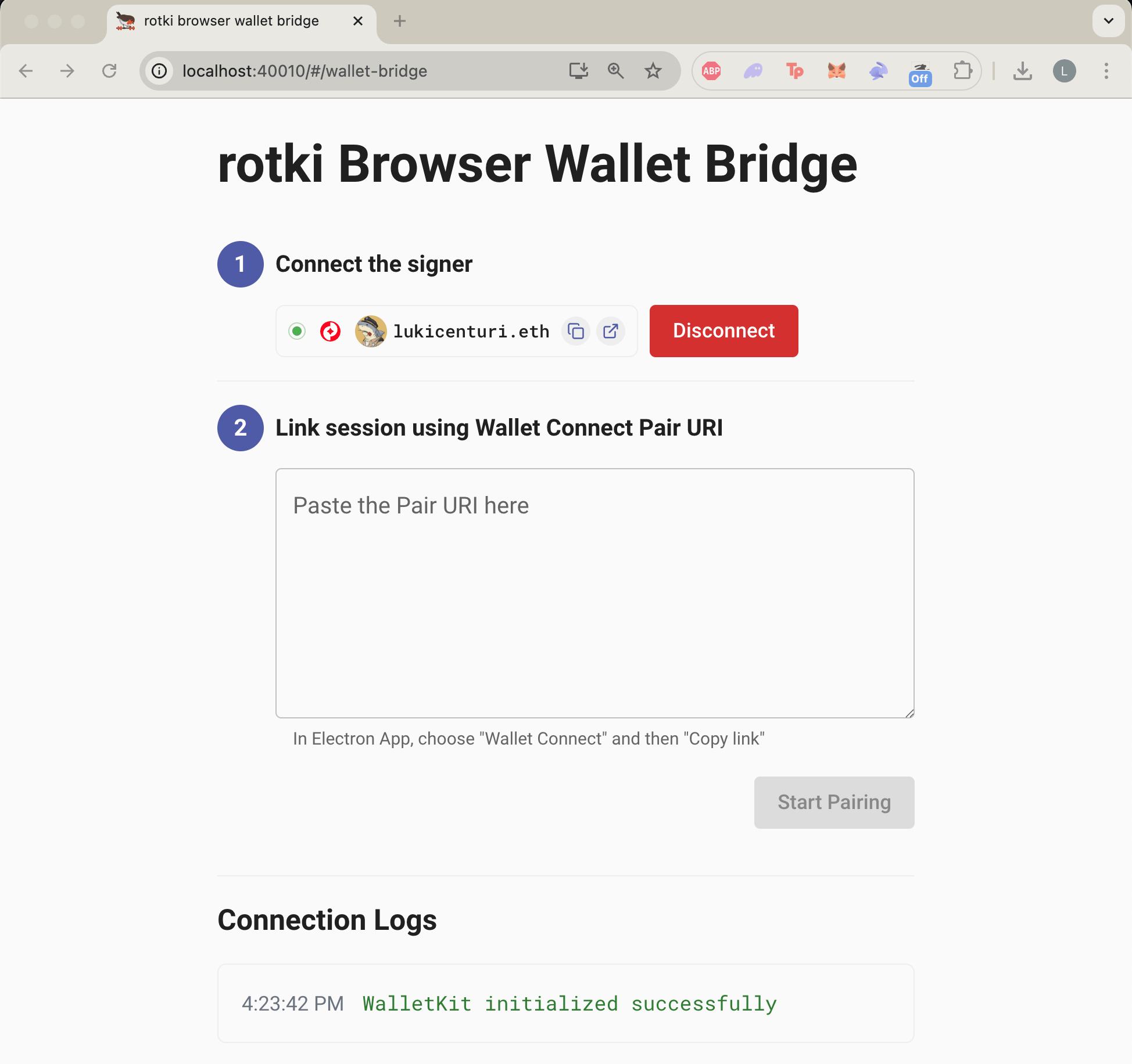 Wallet connect bridge connected