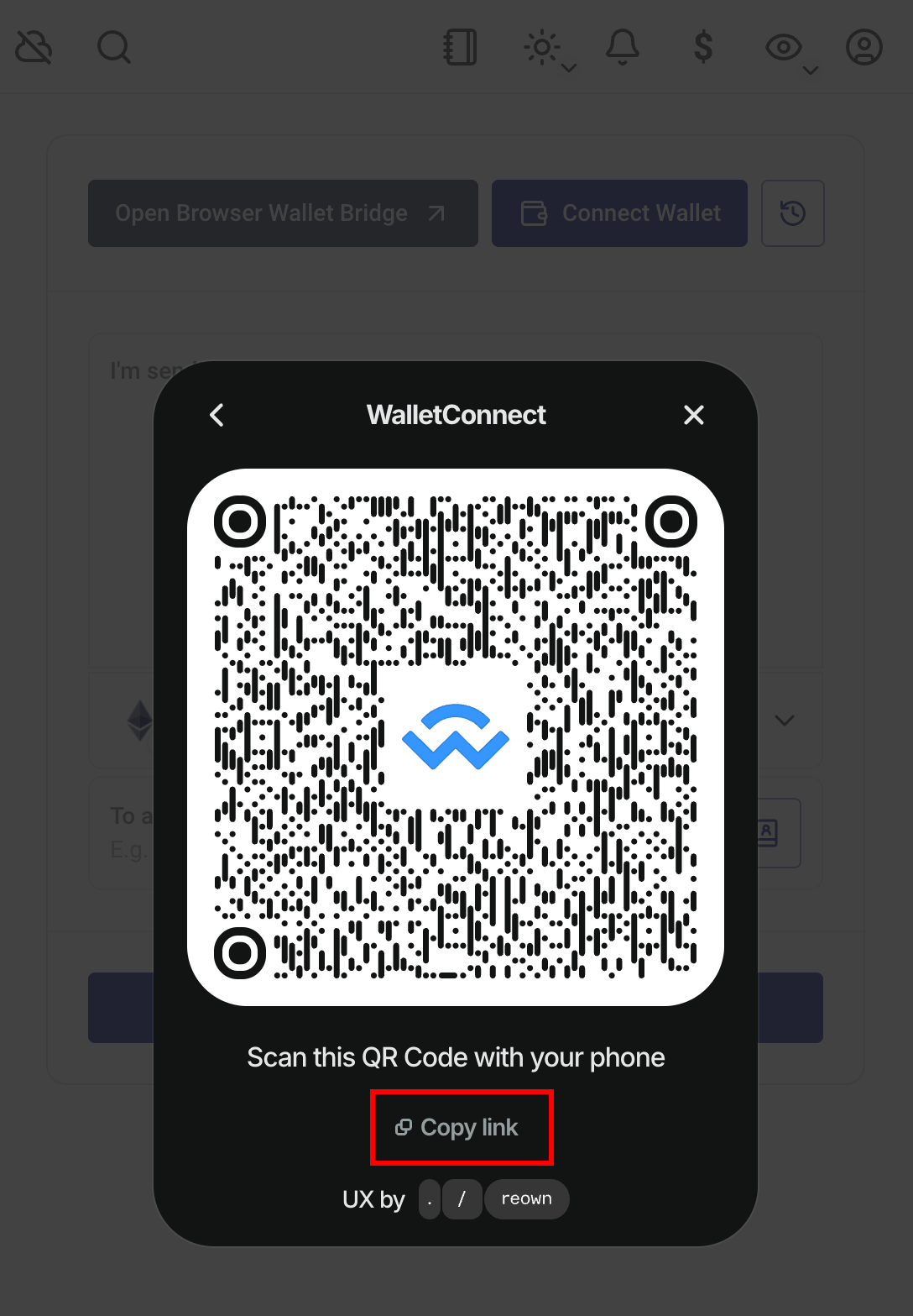 Copy Wallet Connect pairing URI