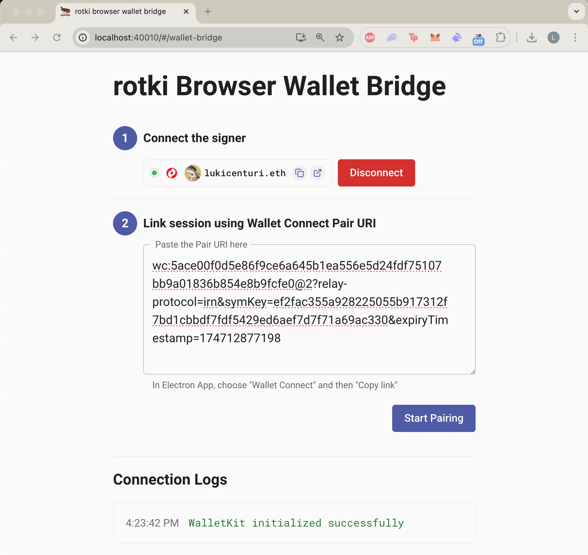Wallet Connect bridge start pairing