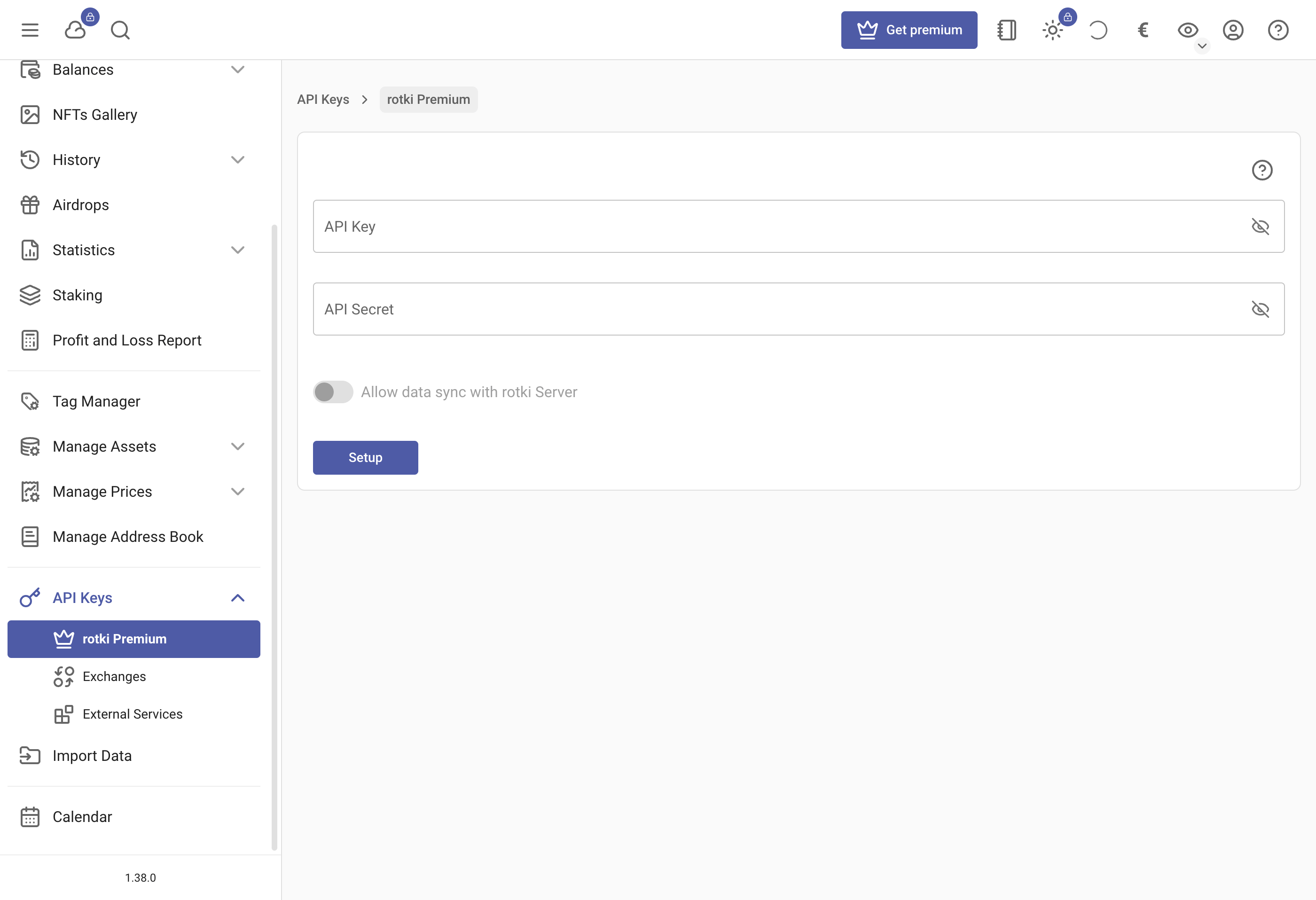Set up rotki premium API key/secret pair in an existing account
