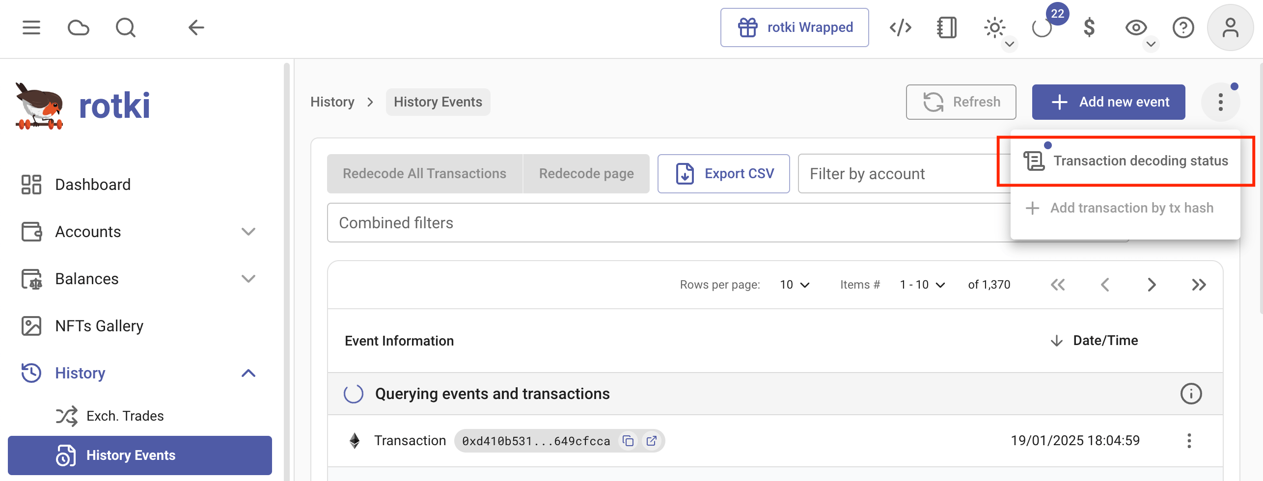 Menu to redecode events for an EVM transaction