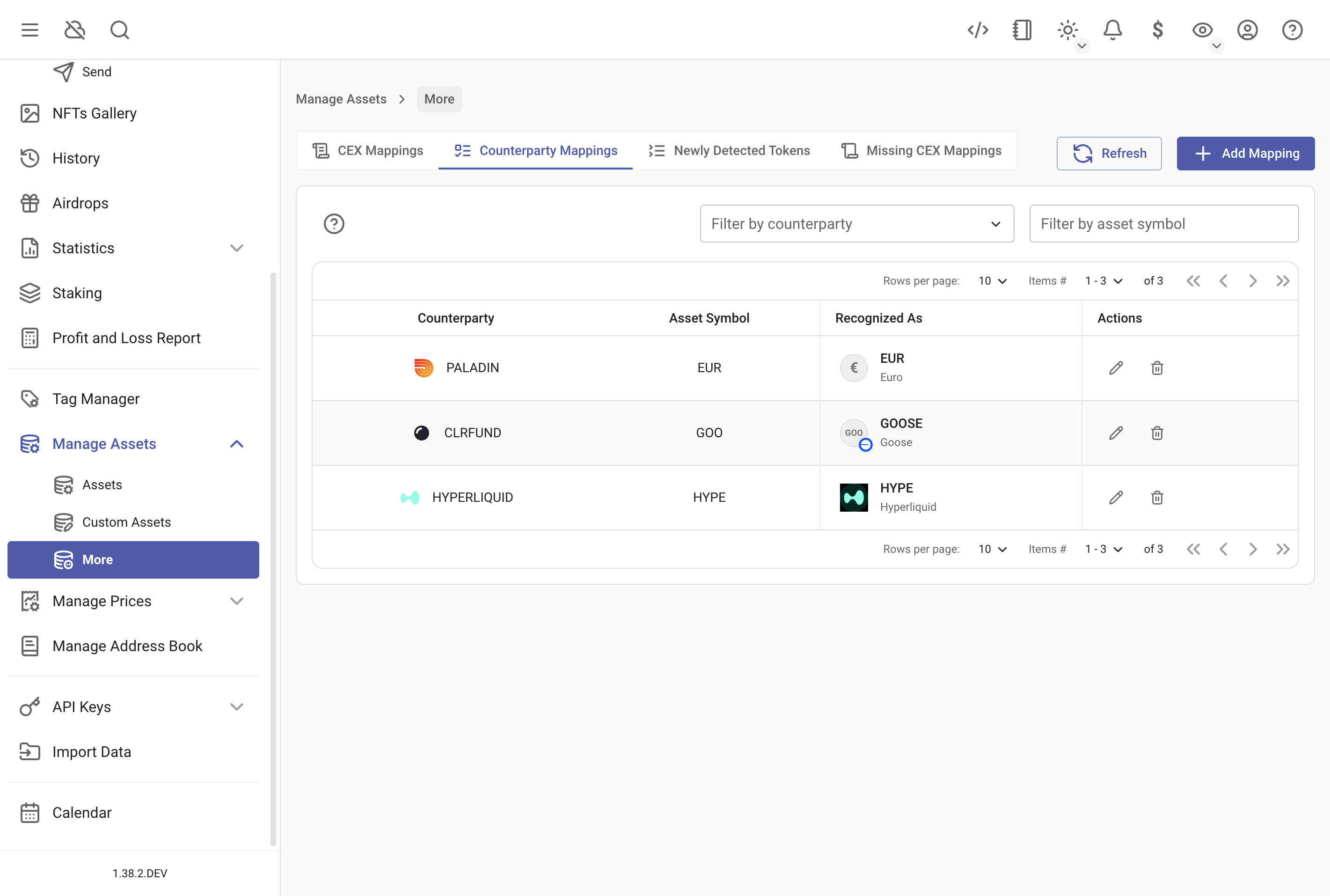 Manage counterparty asset mappings