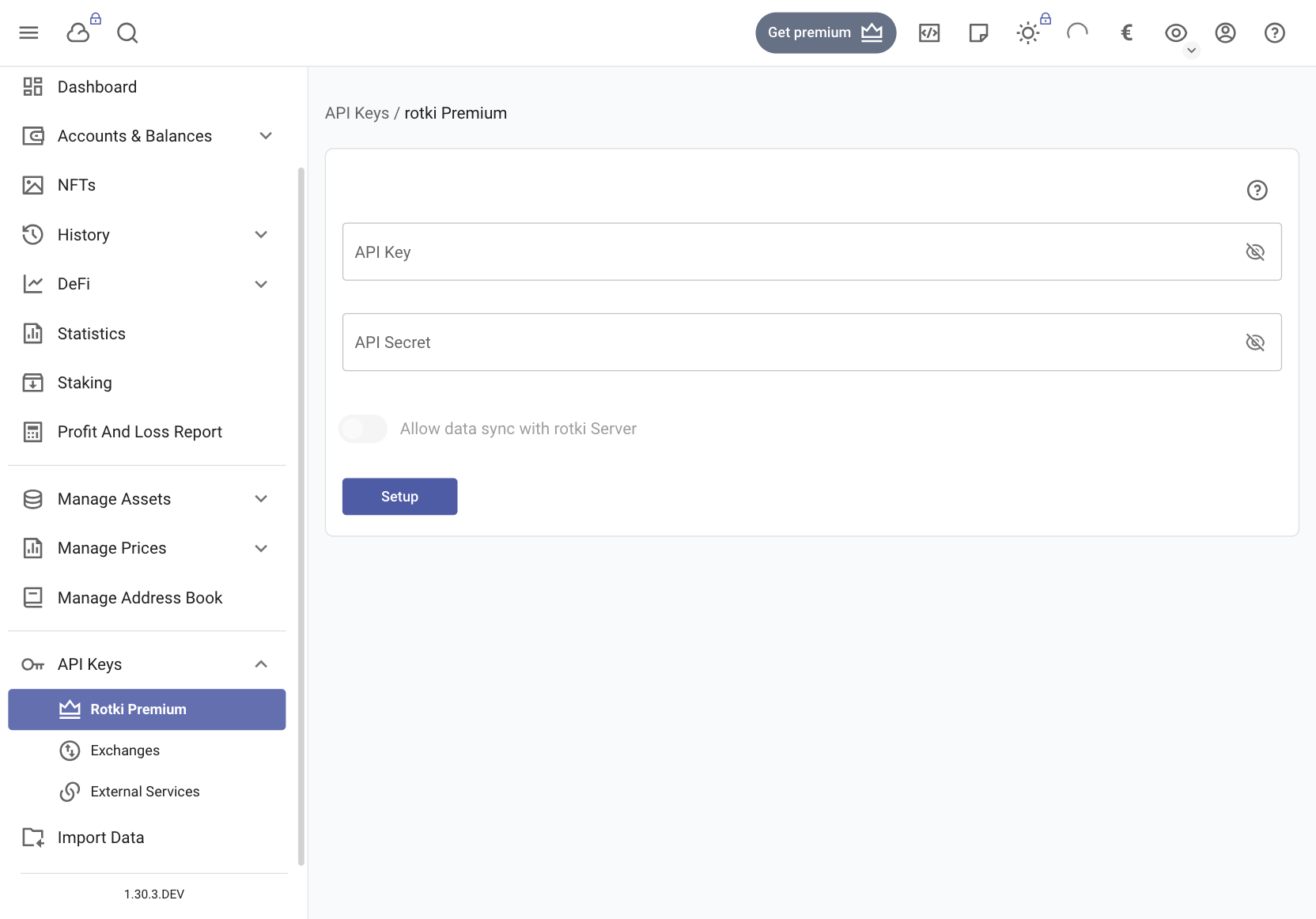 Set up Rotki premium API key/secret pair in an existing account