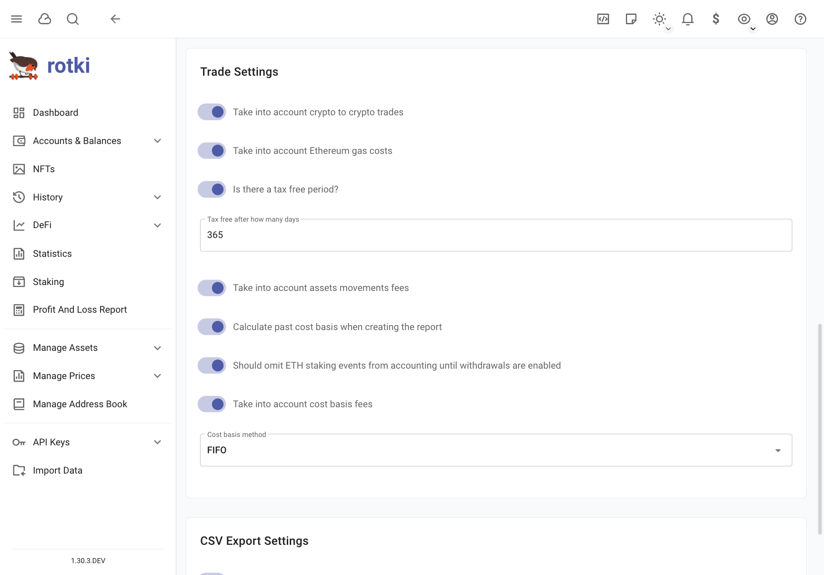 Customizing the accounting trade settings