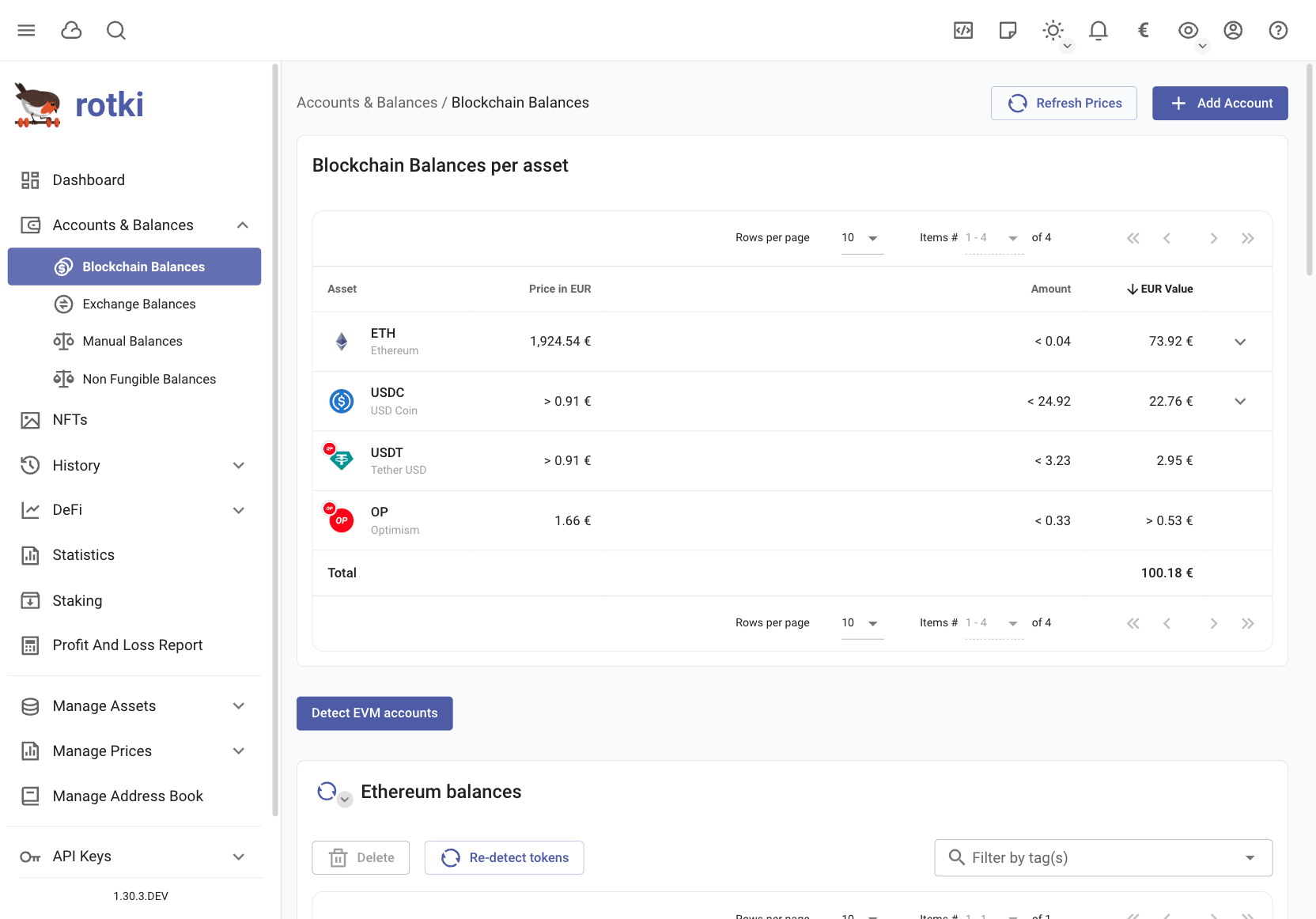 Accounts & Balances page