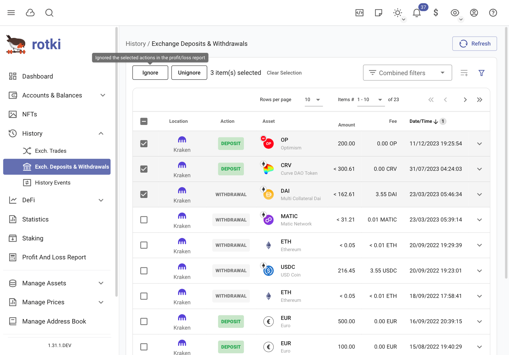 Ignore deposits/withdrawals