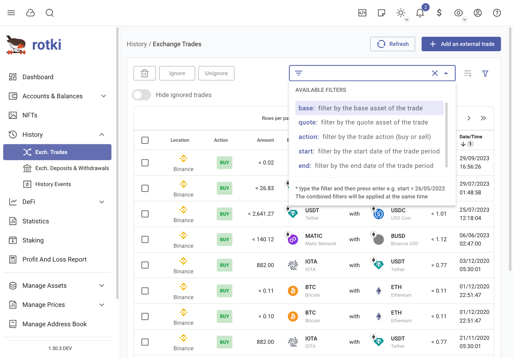 Filtering trades