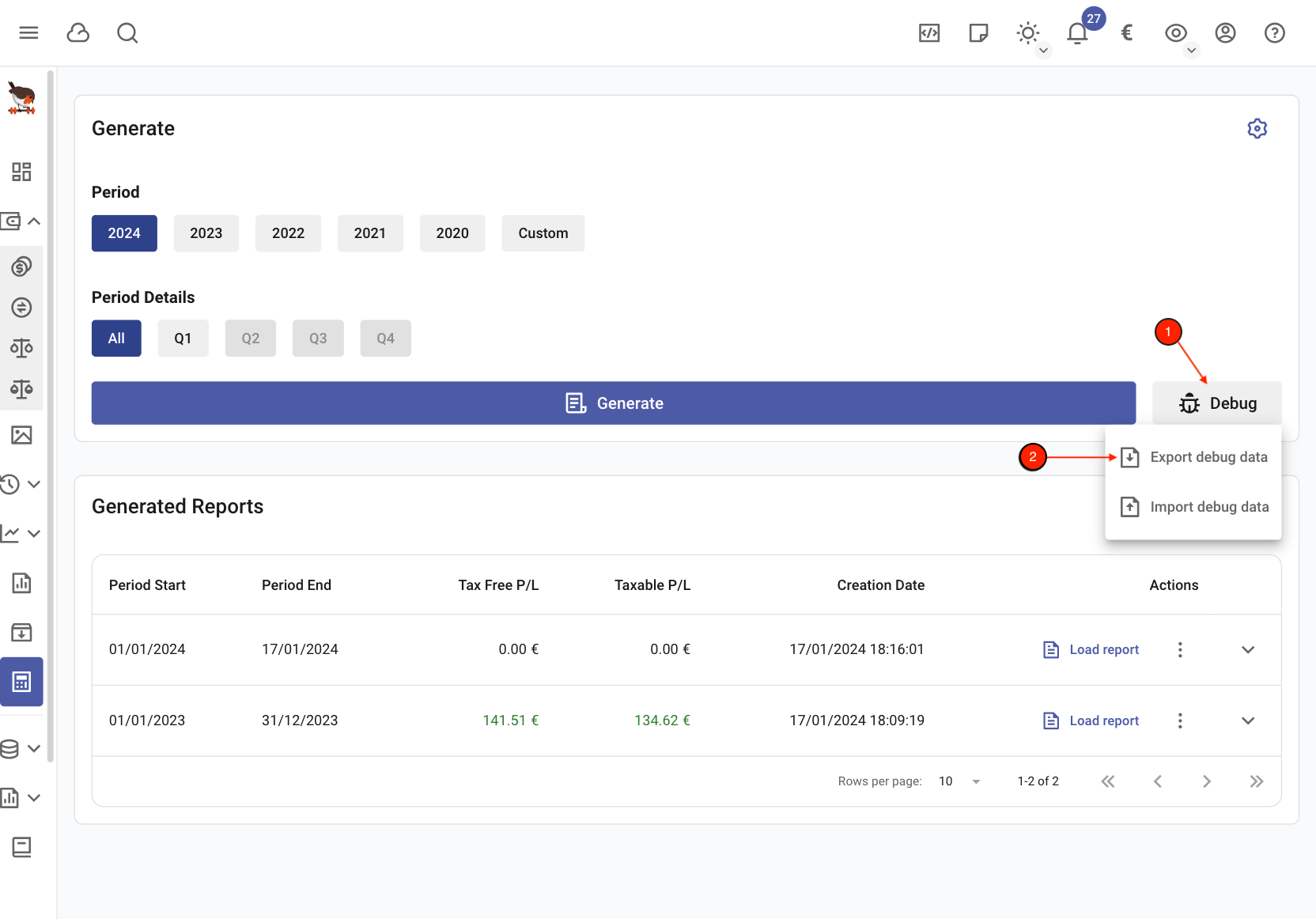 Export PnL debug data