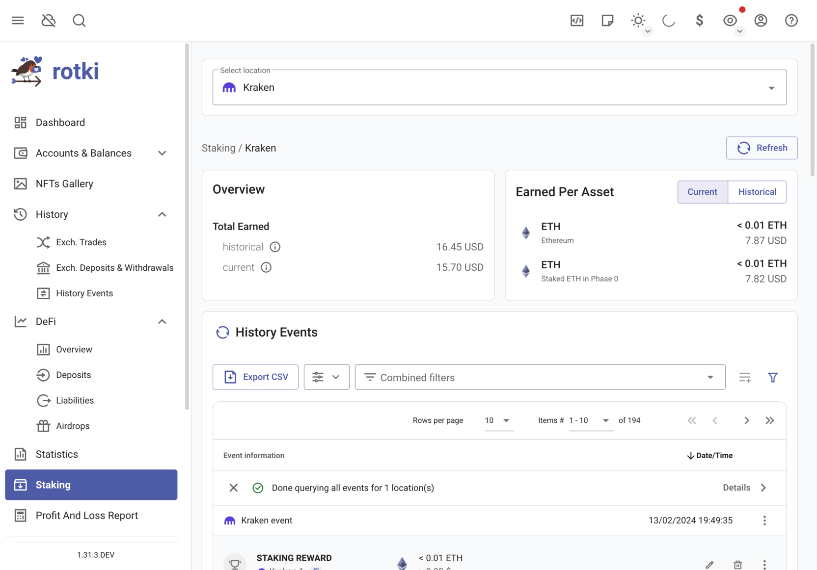 See your Kraken staking gains