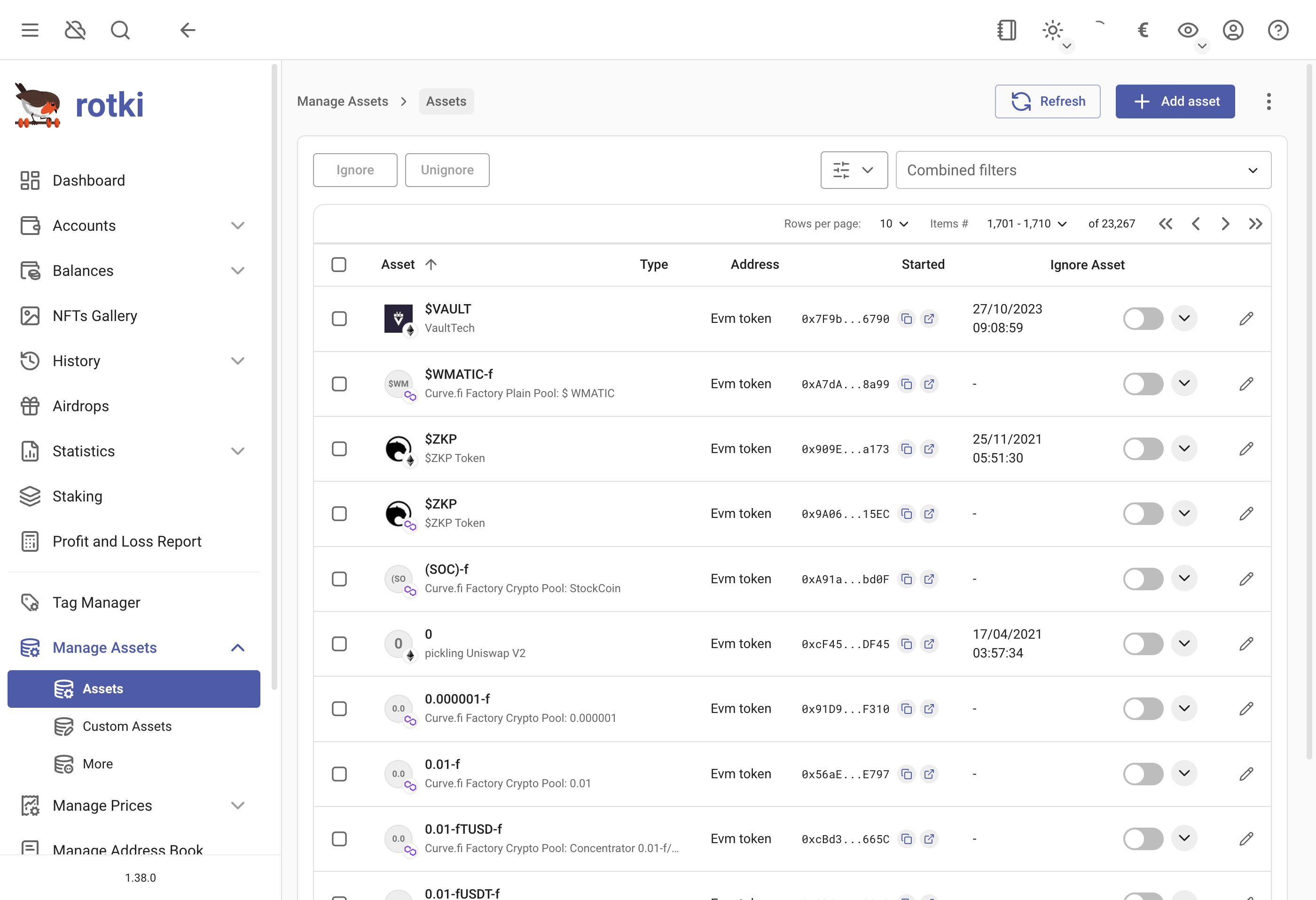 Manage the list of assets