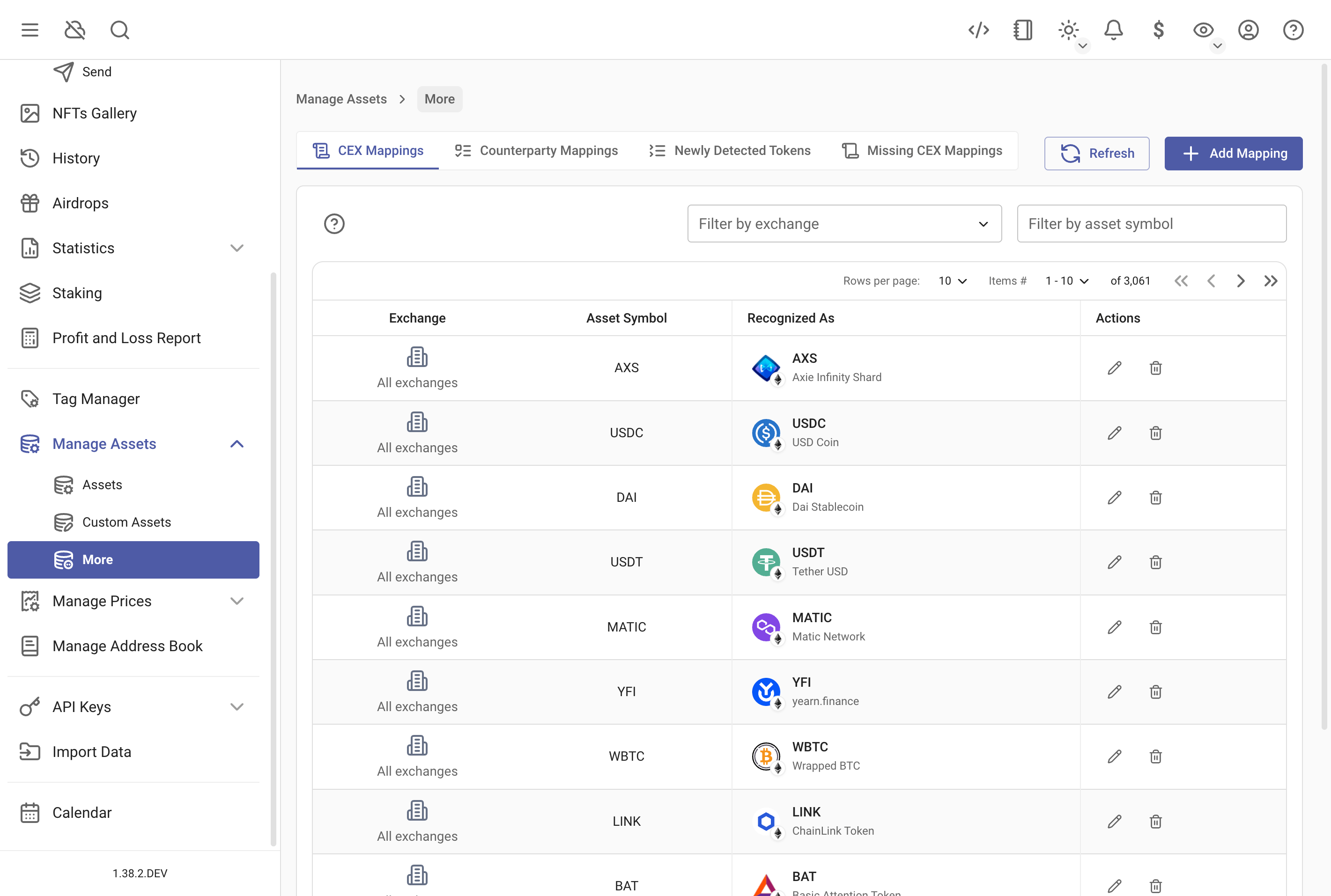 Manage centralized exchange asset mapping
