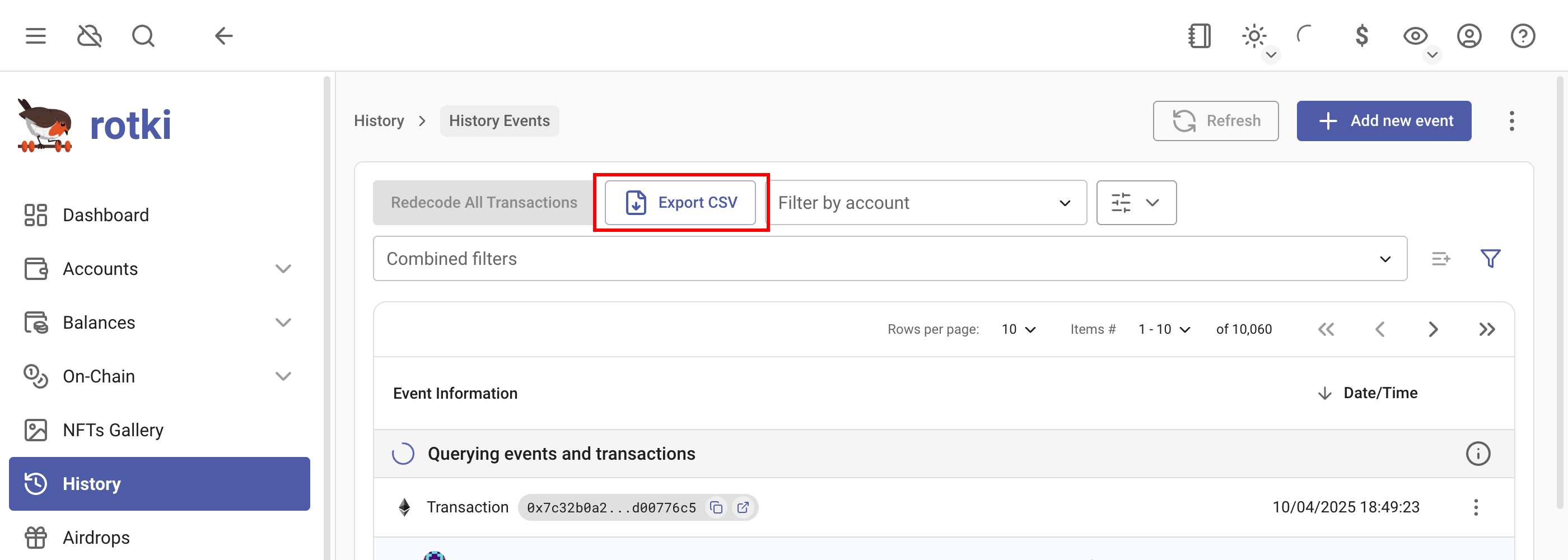 Button to download events as csv