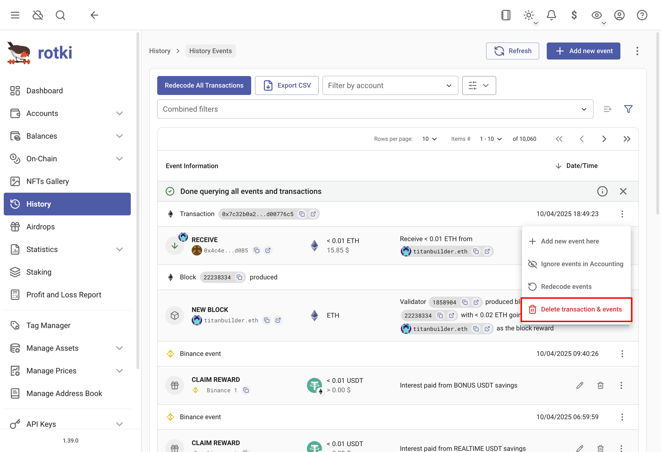 Menu to delete EVM transactions events