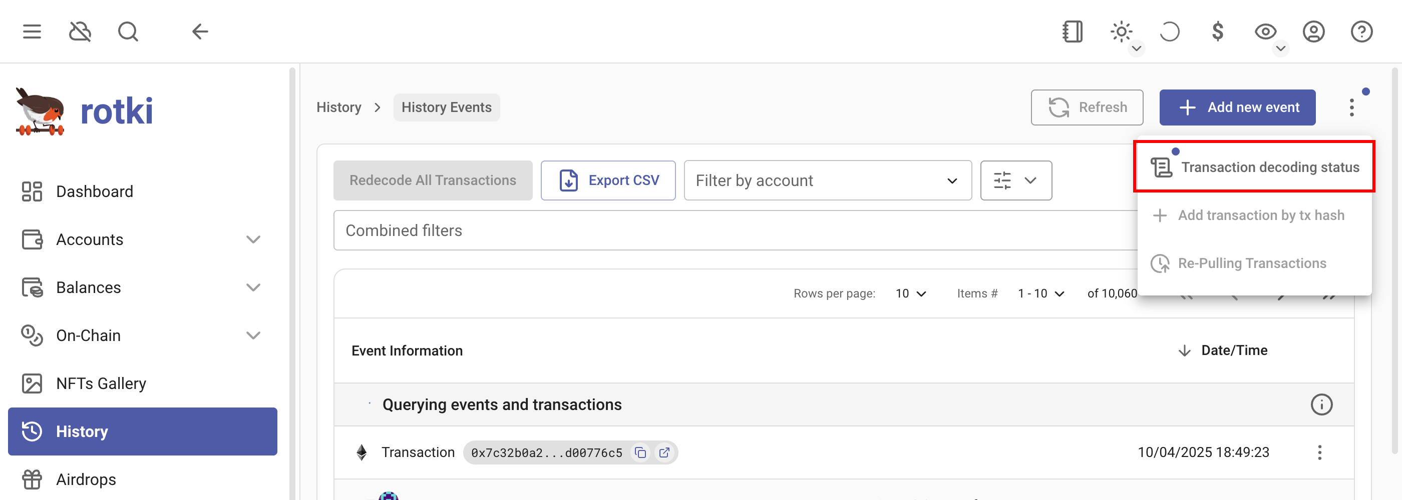 Menu to redecode events for an EVM transaction