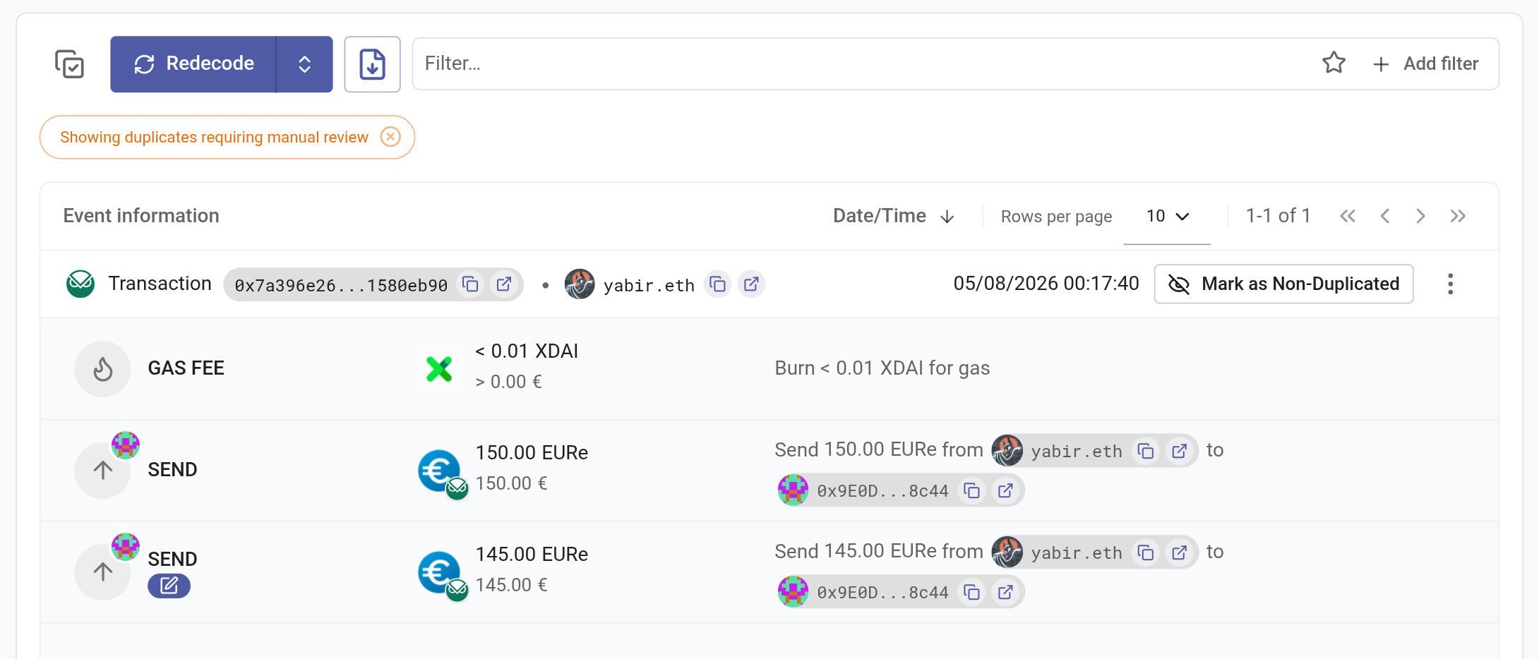 Duplicate events in history view