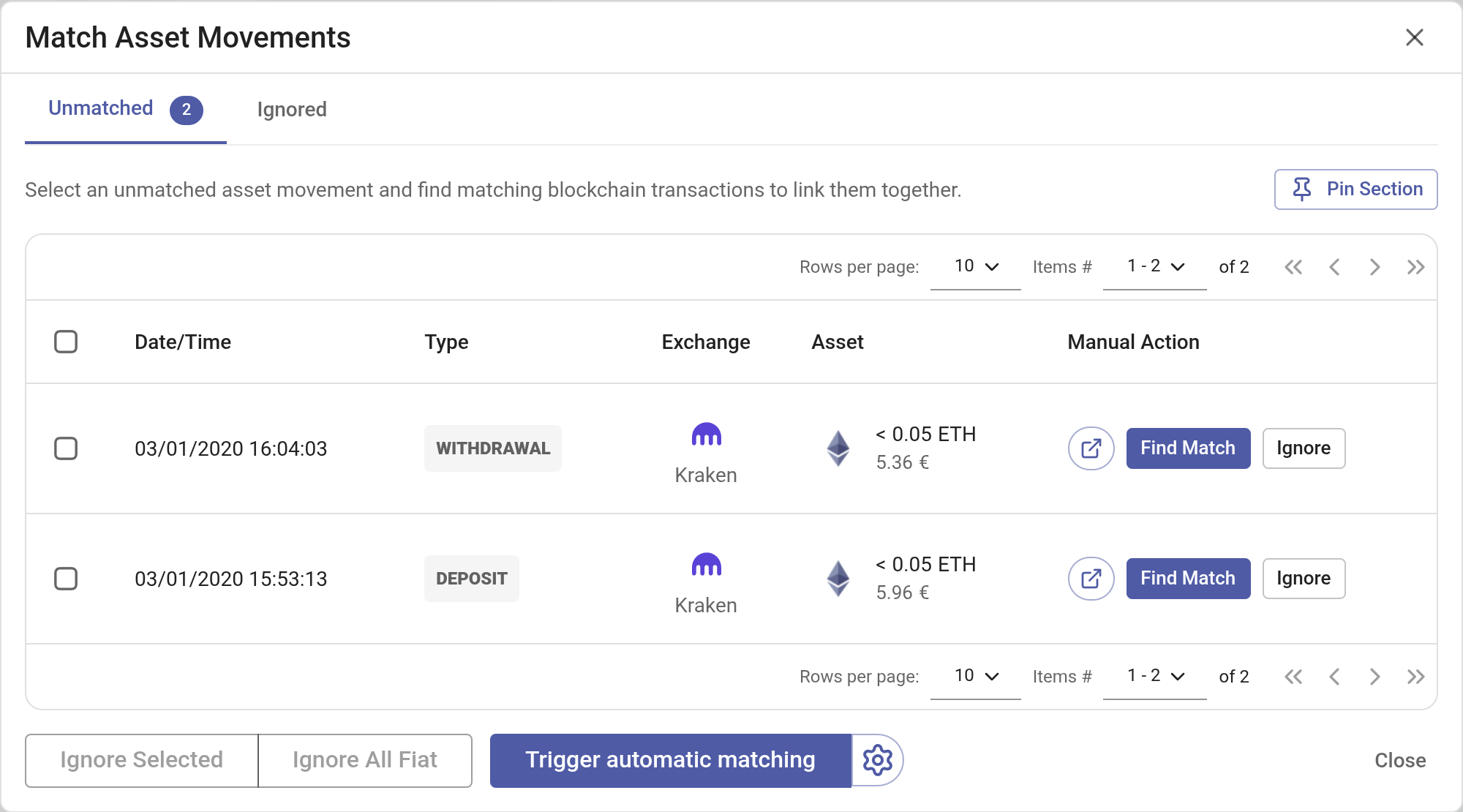 Match asset movements dialog