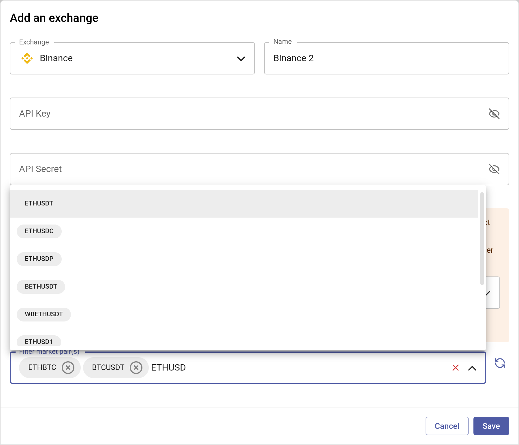 Binance markets selection