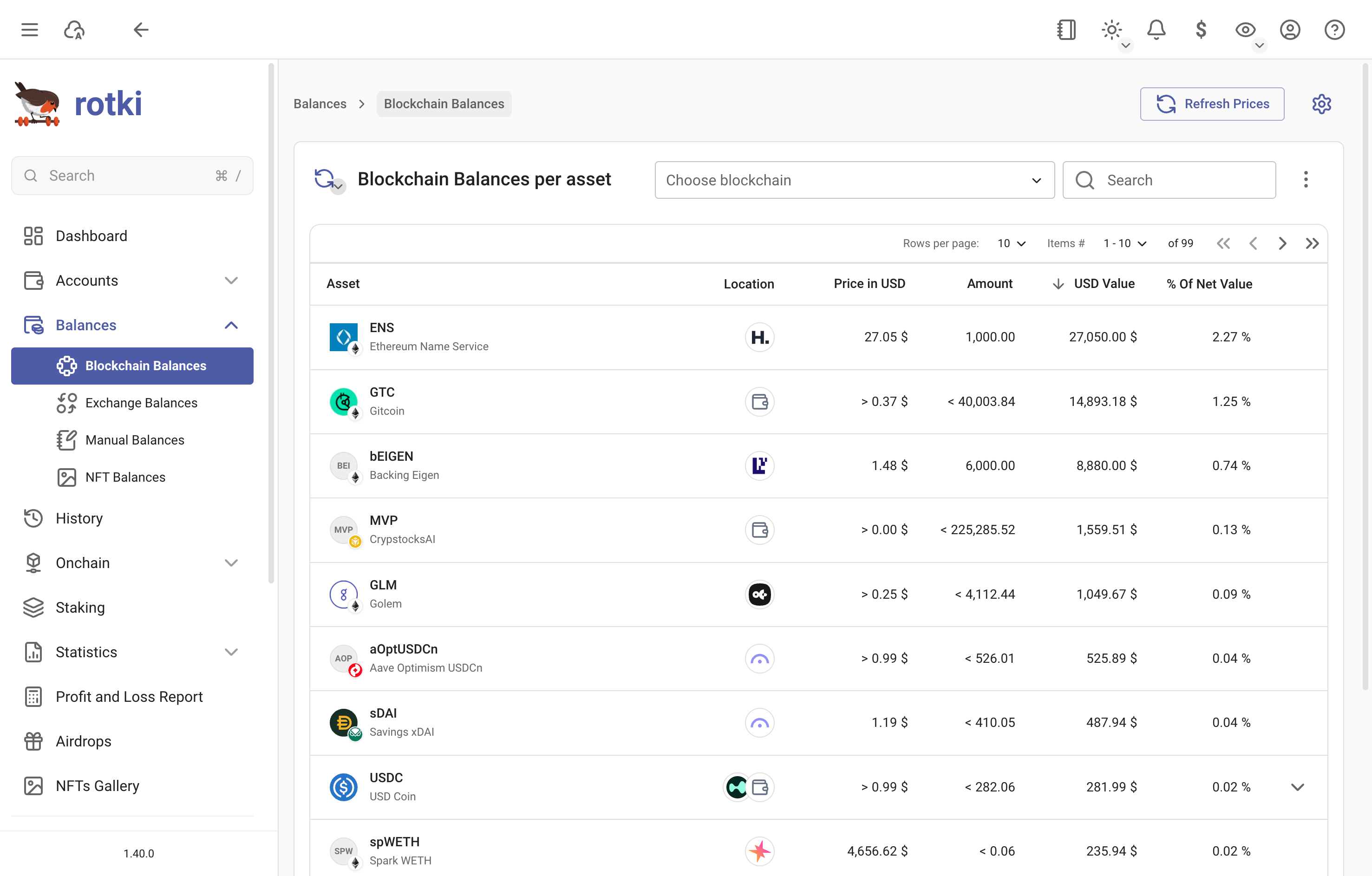 Aggregated list of assets from blockchain accounts