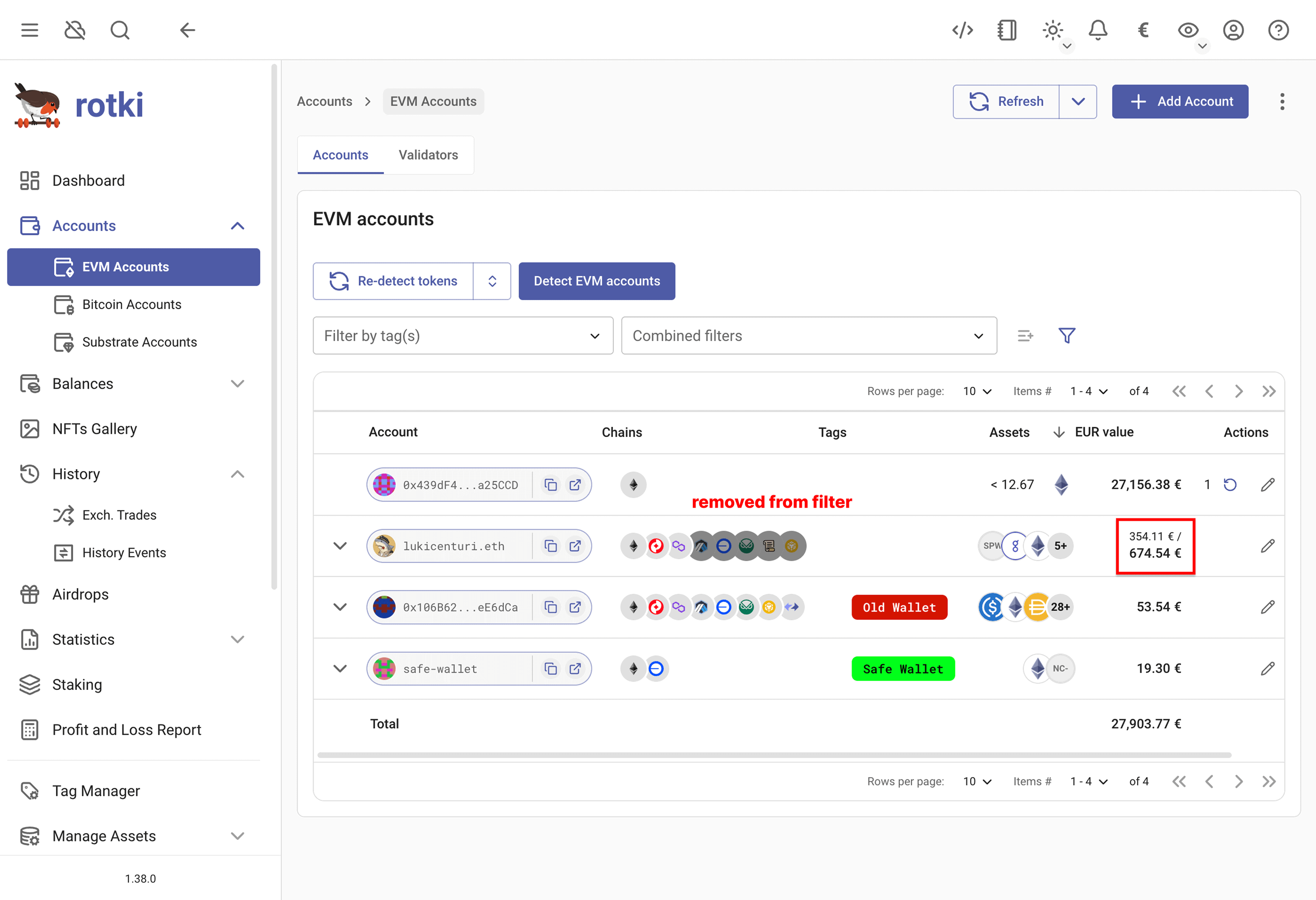 Filter or delete a blockchain account