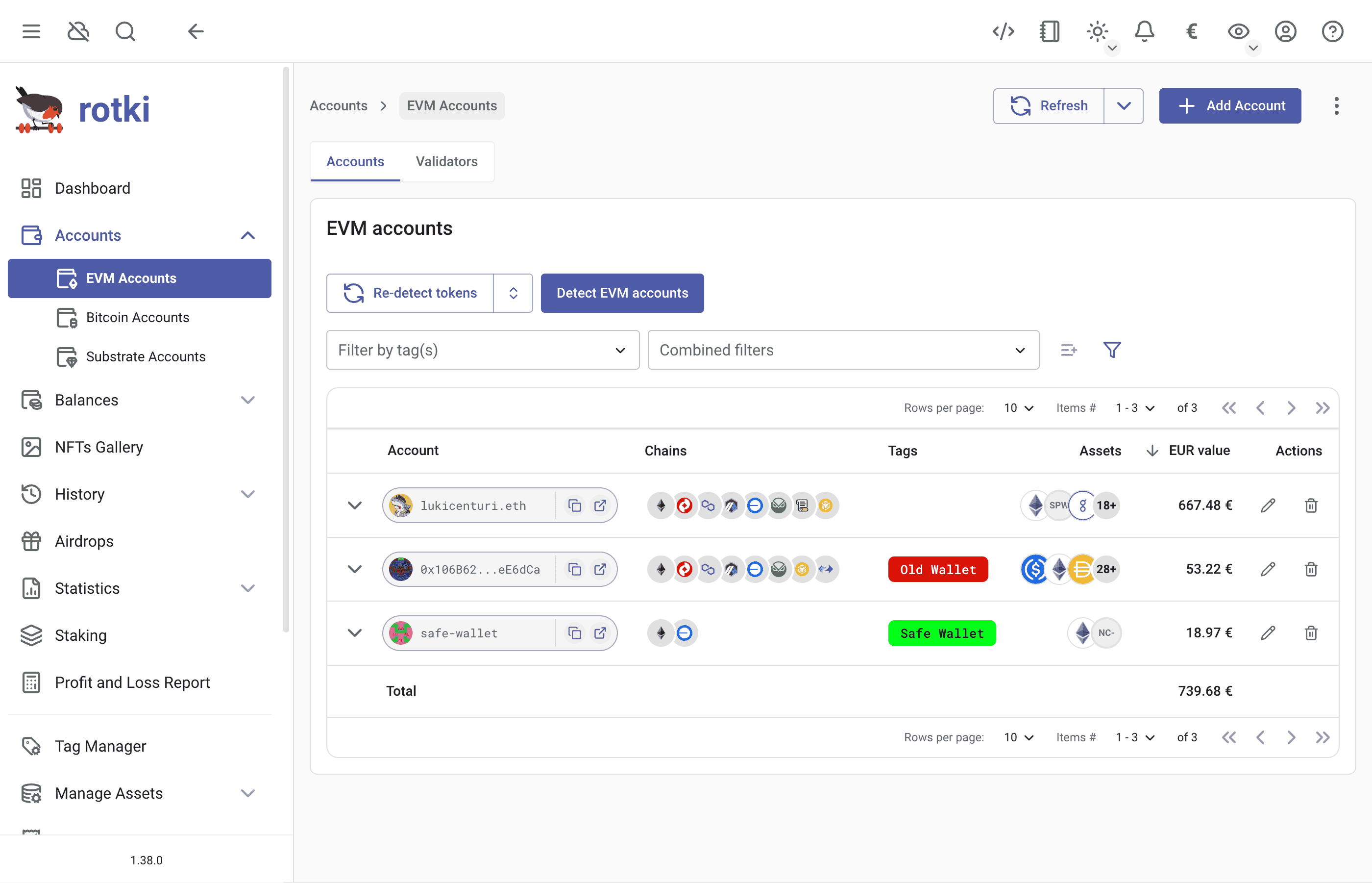 Blockchain accounts page