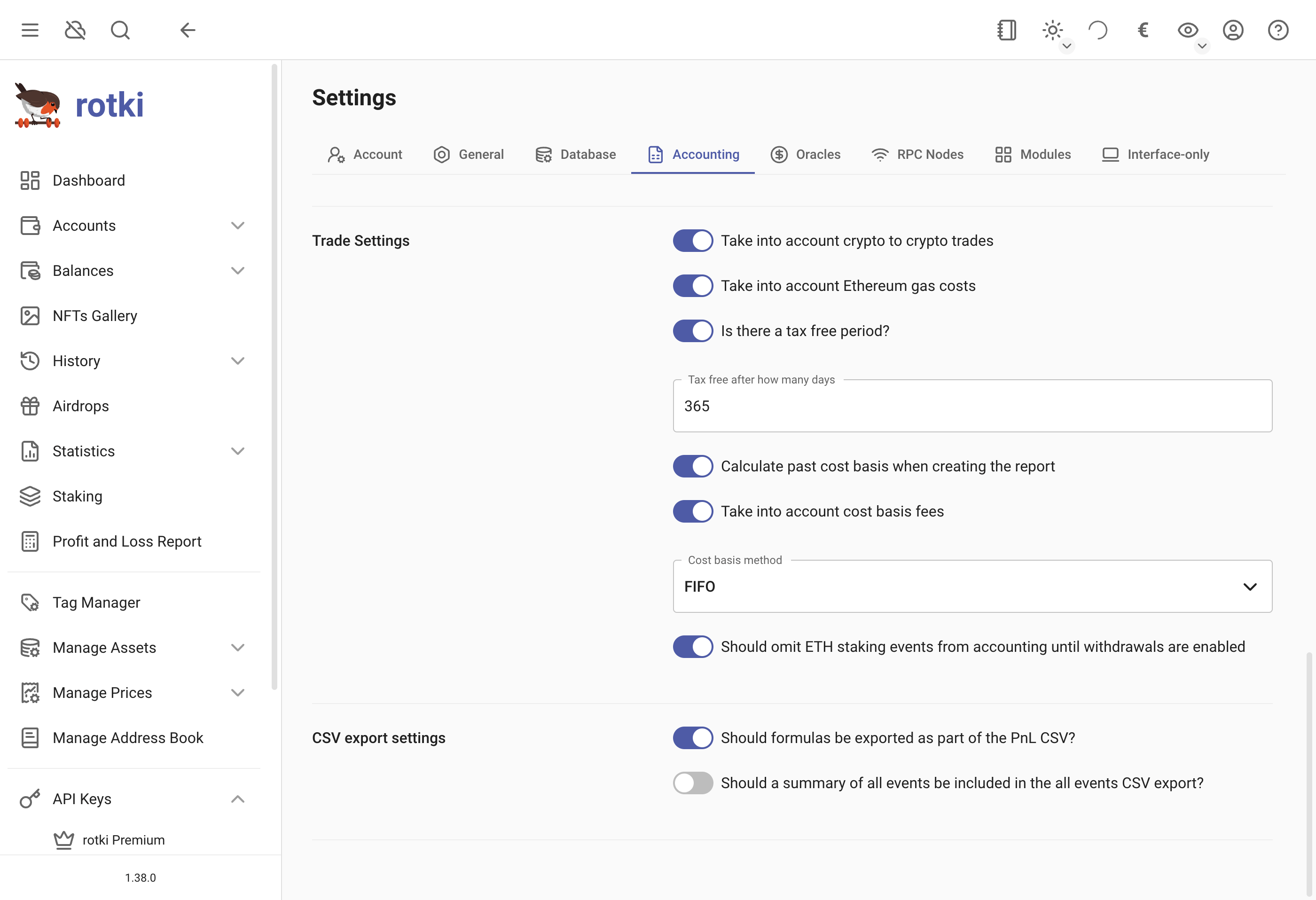 Customizing the accounting trade settings