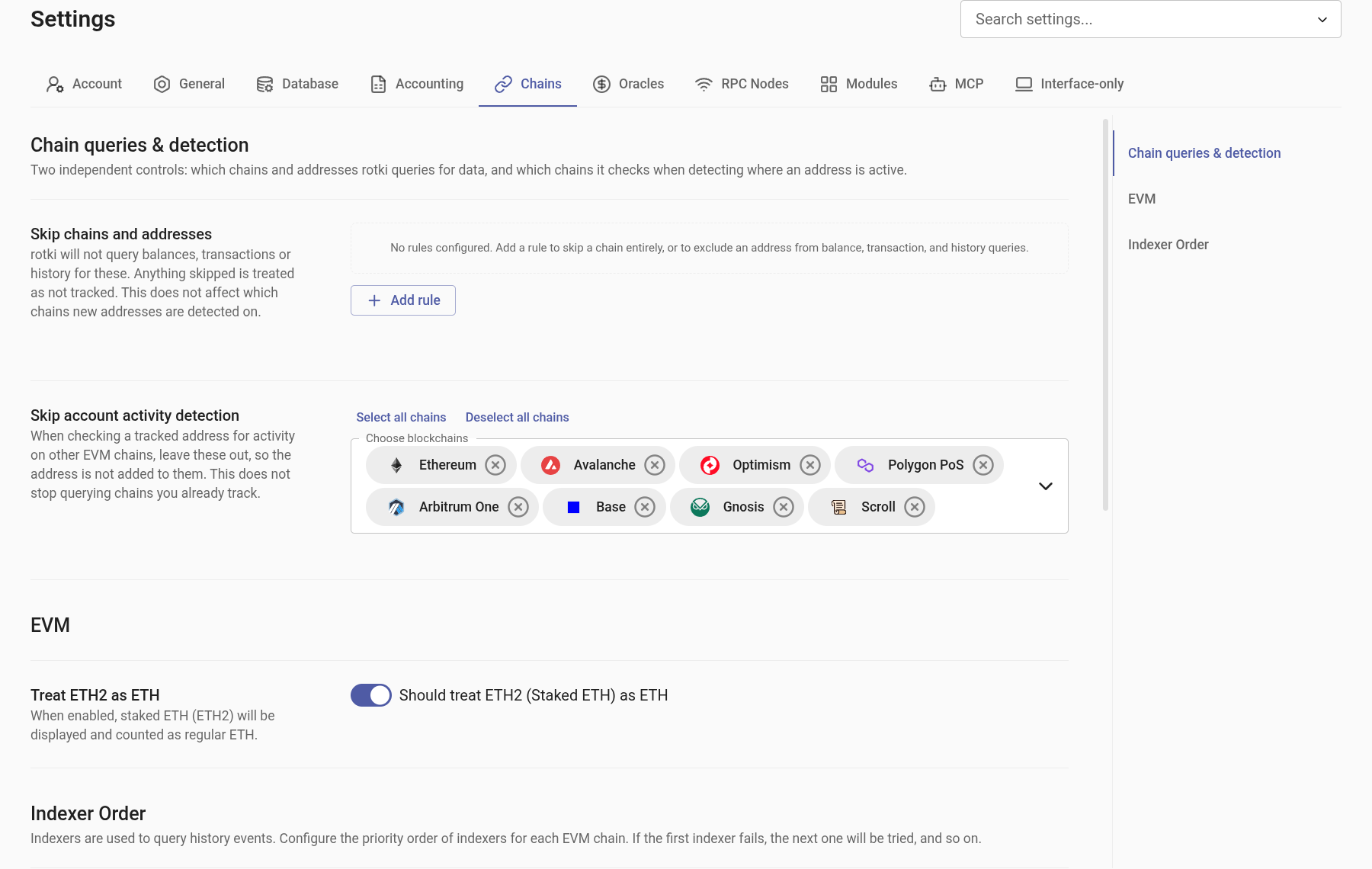 The Chains settings page