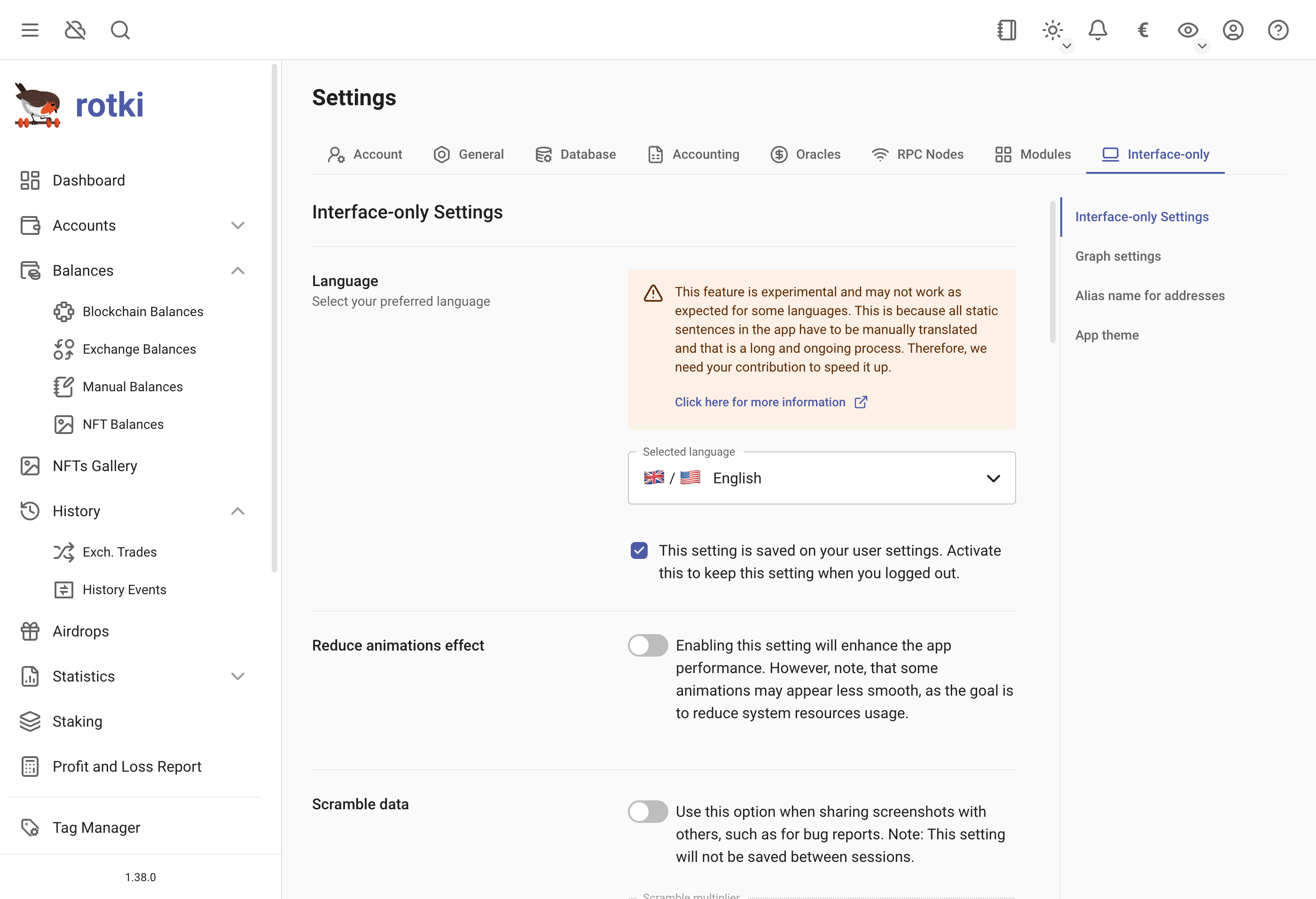 Customizing the app's interface only settings