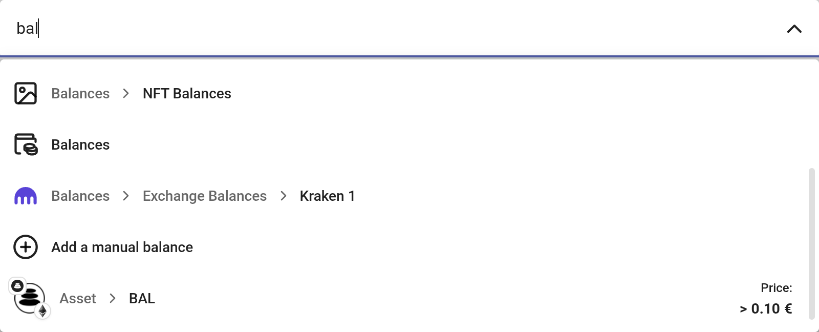 Search results for "bal", mixing pages, a connected exchange, a quick-add action and an owned asset