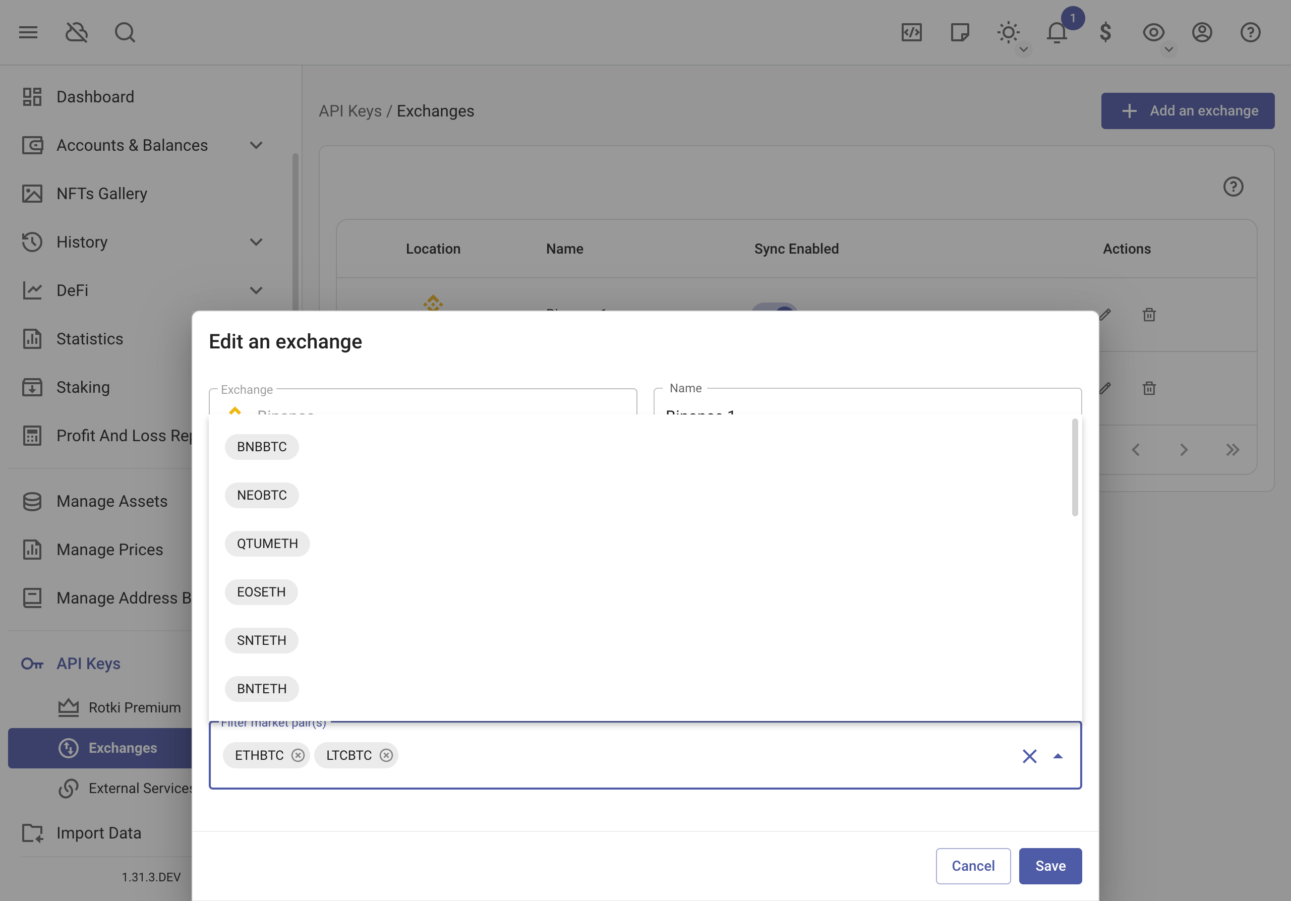 Binance markets selection