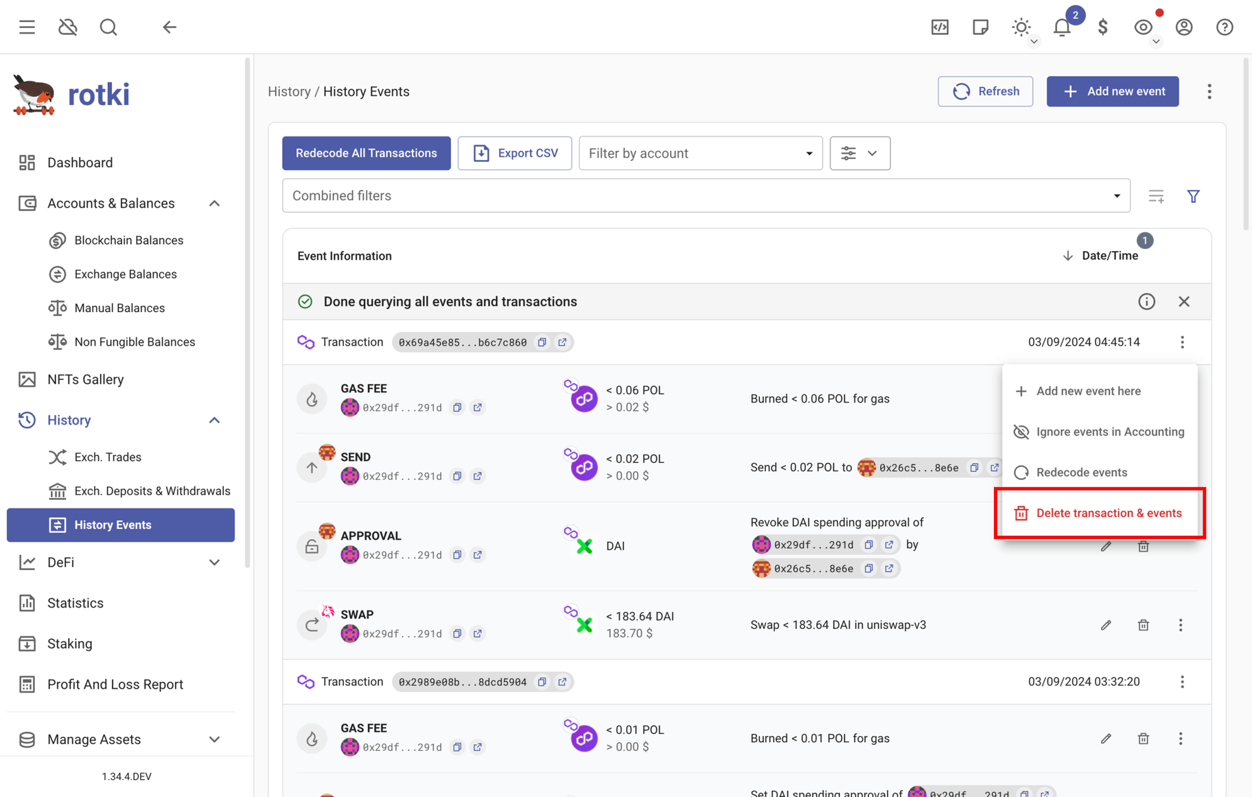 Menu to delete EVM transactions events