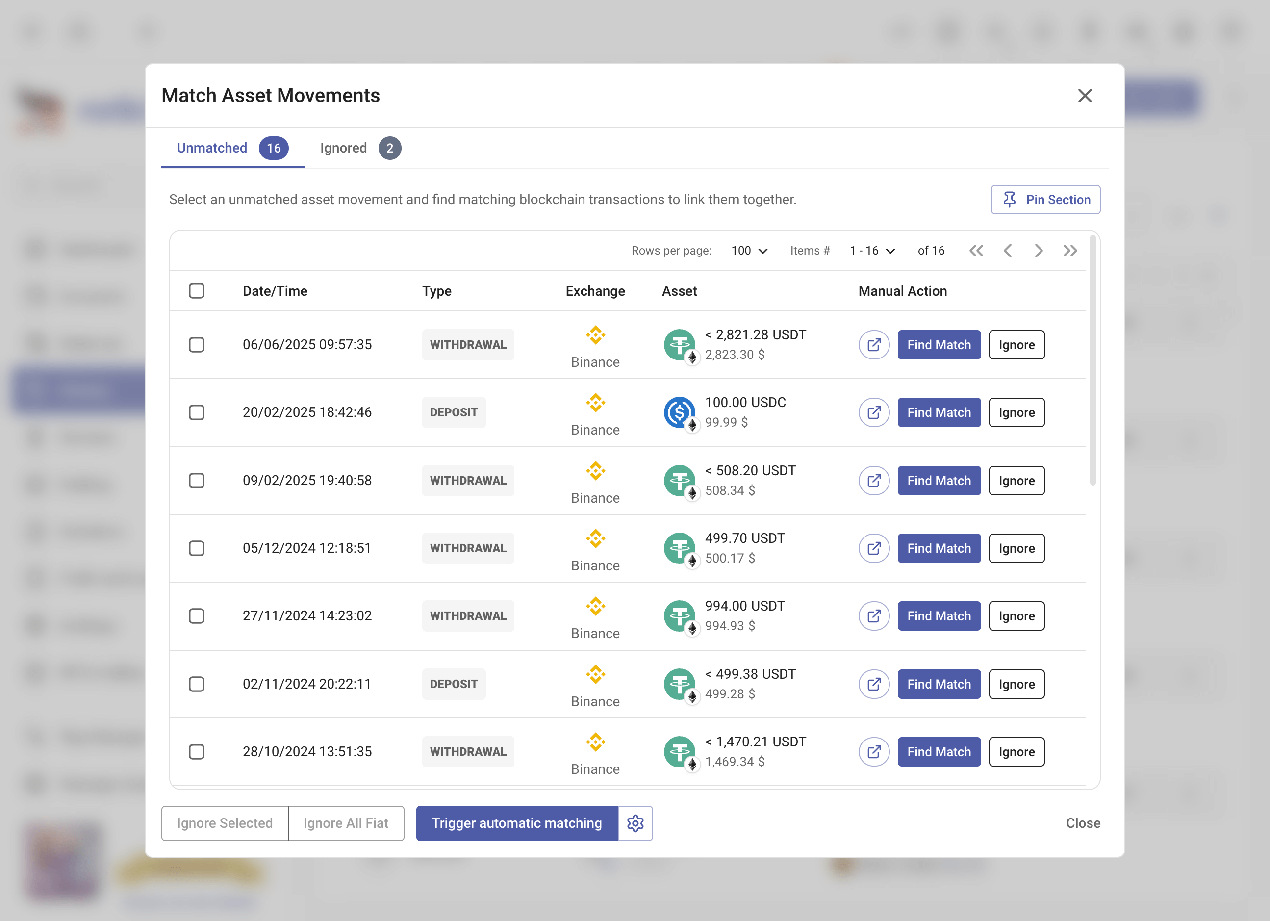 Match asset movements dialog