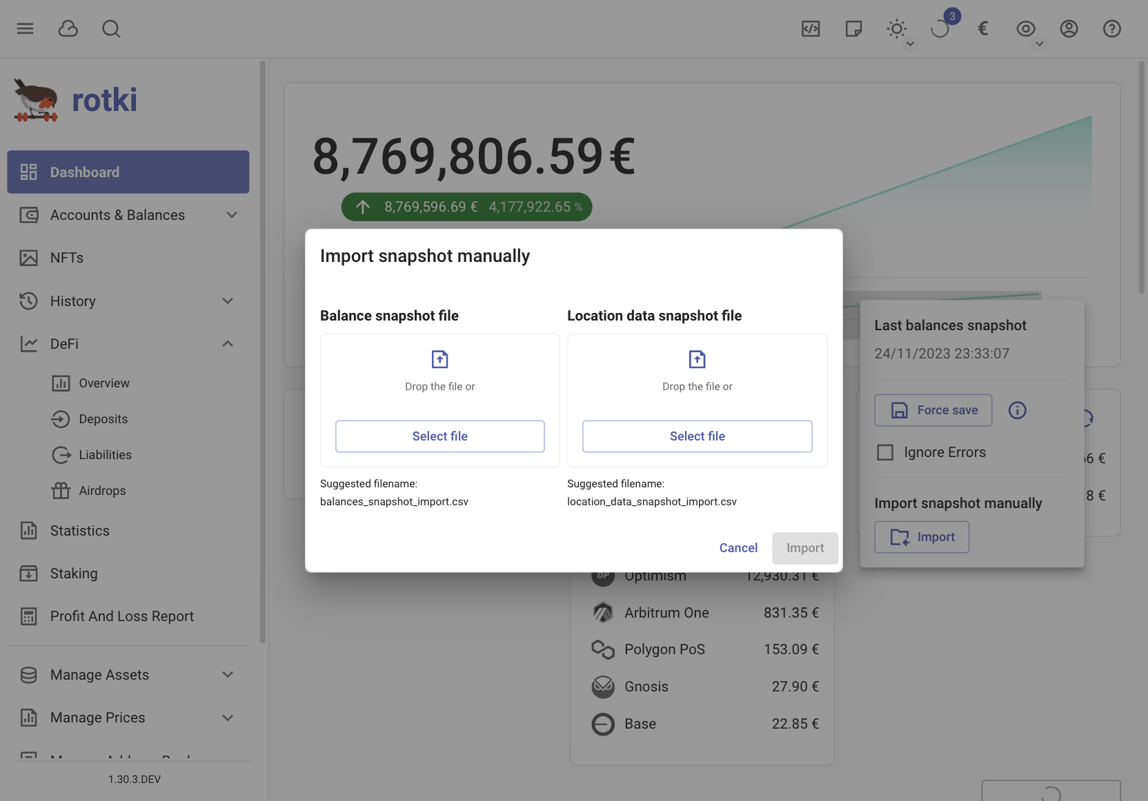 Import snapshots information