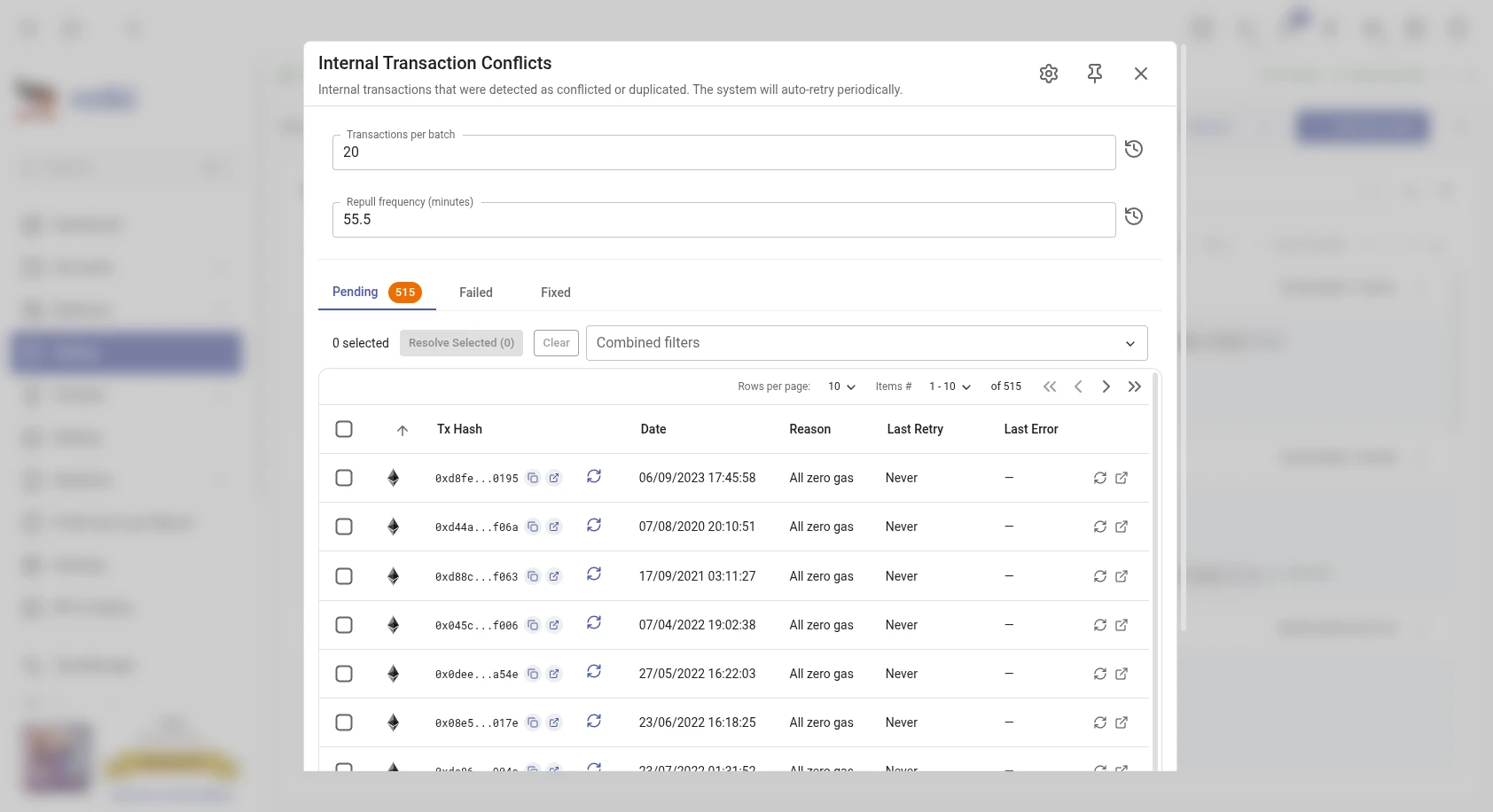 Internal transaction conflicts settings