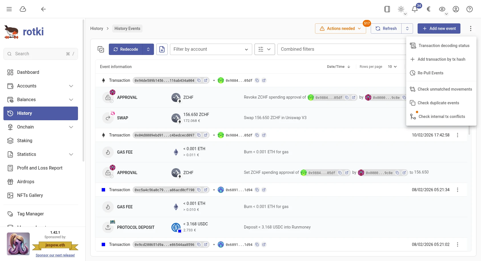 Internal transaction conflicts menu