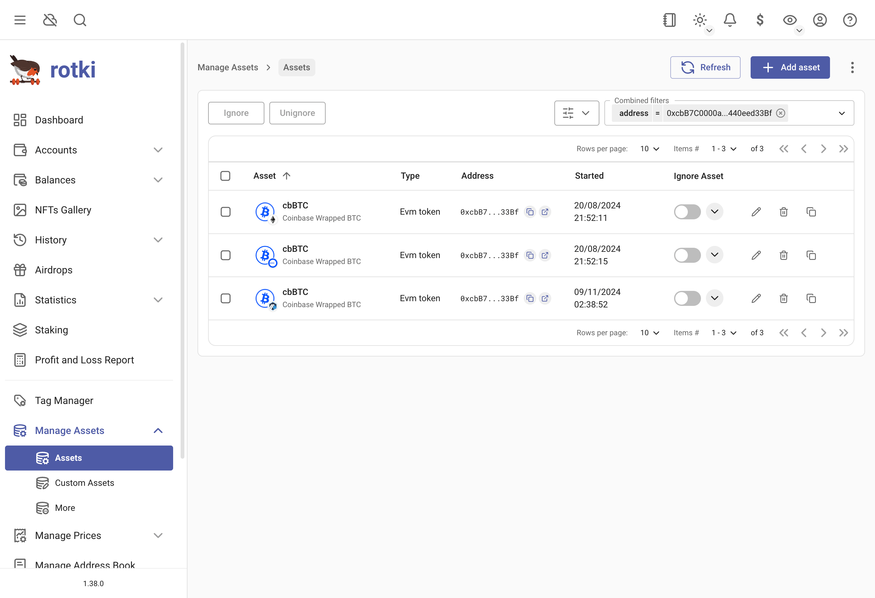 Example of managing assets and whitelisting a token in the Manage Assets page.