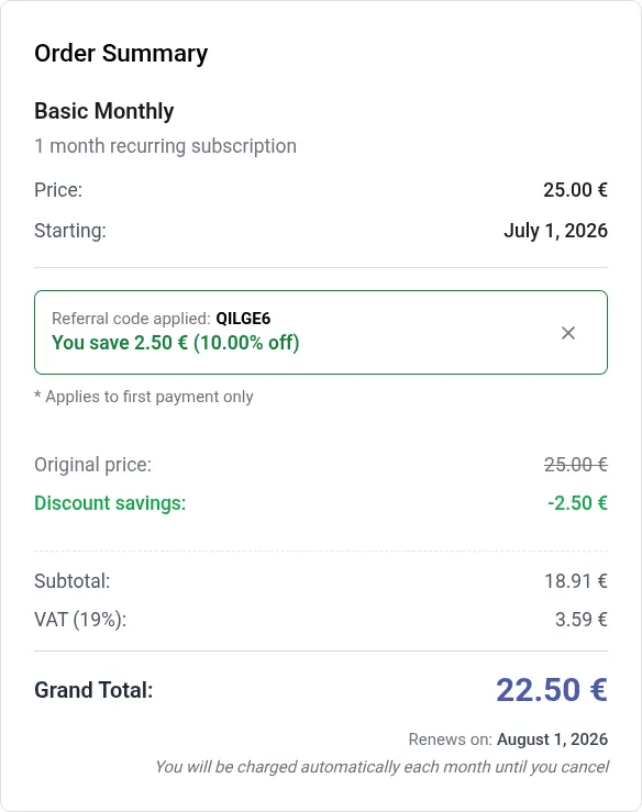 Checkout order summary with a referral code applied, showing the discount and updated total