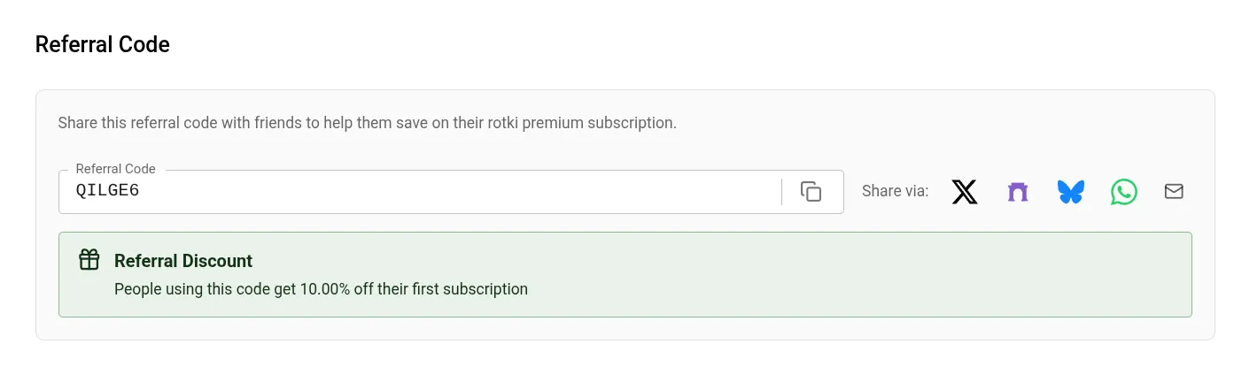 Referral Code section on the subscription page, showing the code, copy and share buttons, and the referral discount