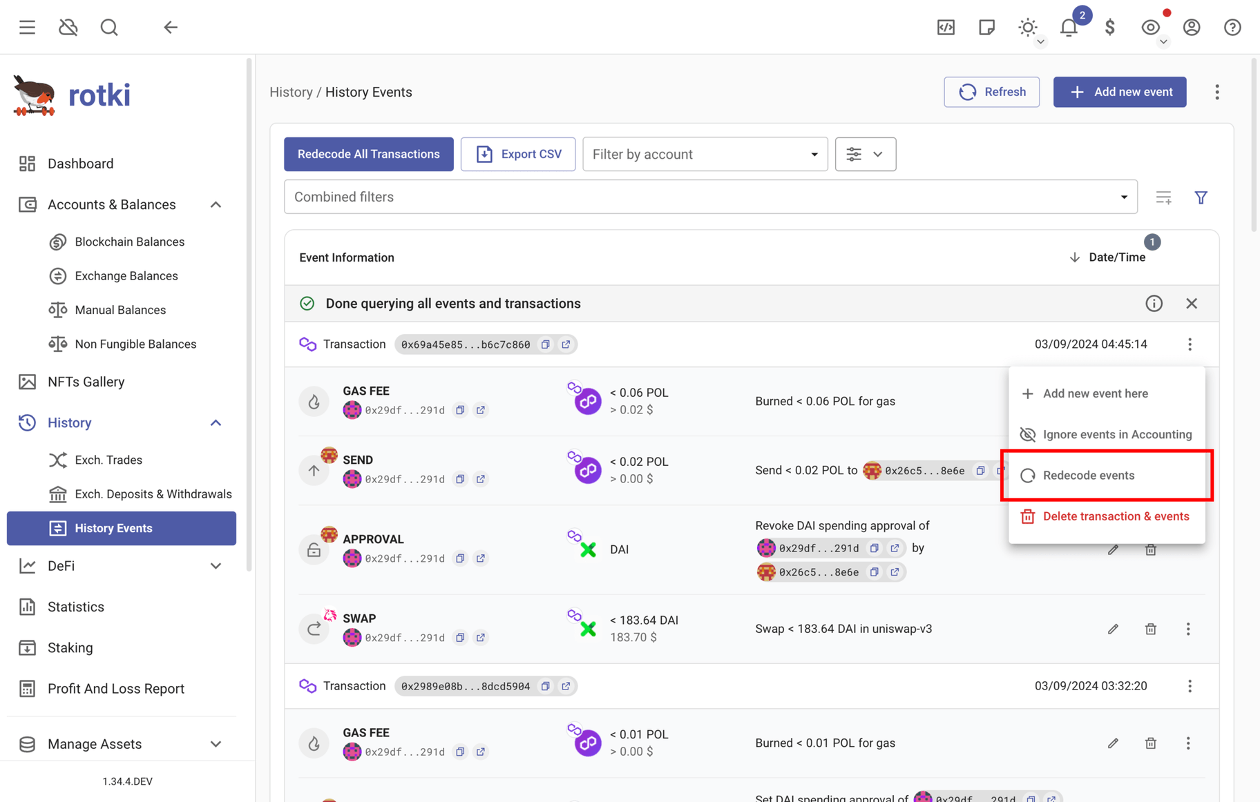 Menu to redecode events for an EVM transaction