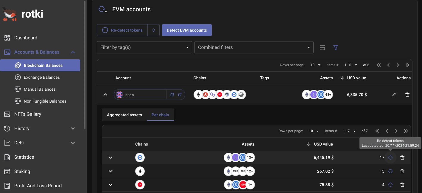 Example of detecting tokens for a specific chain