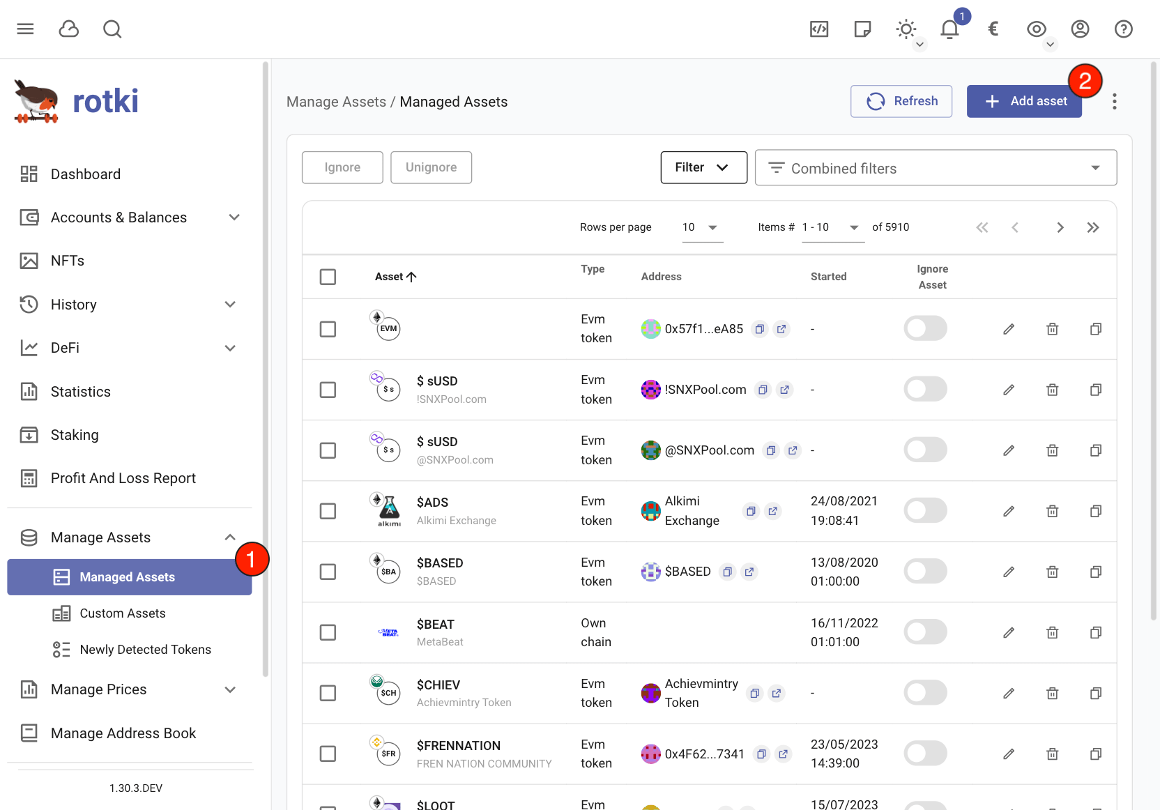 Manage the list of assets