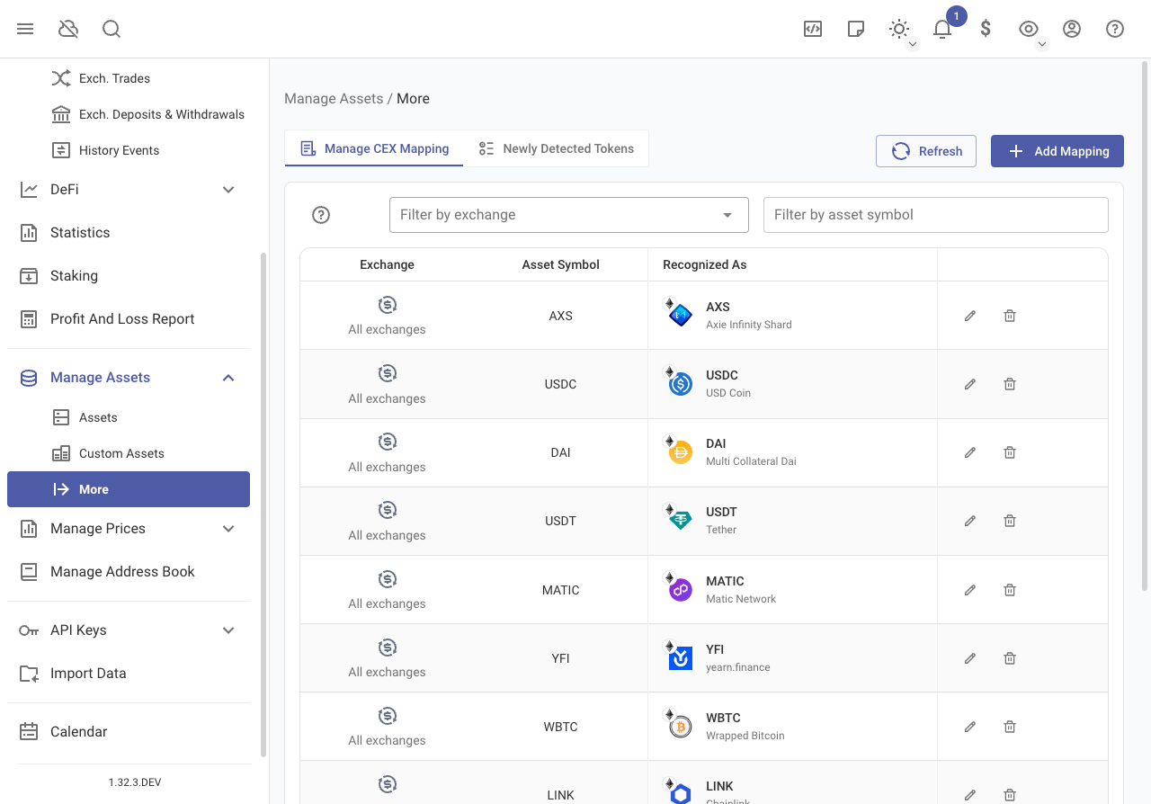 Manage centralized exchange asset mapping