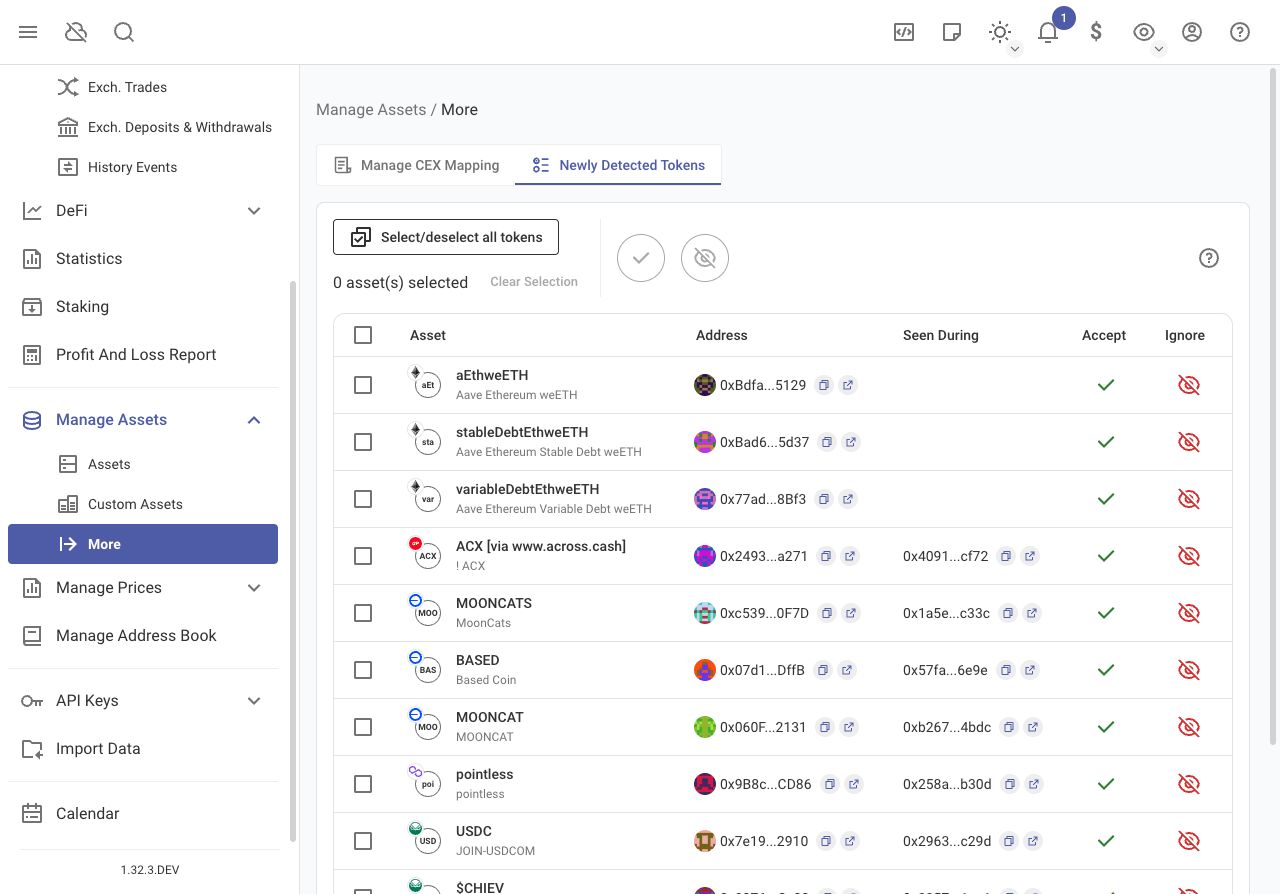 Manage newly detected tokens