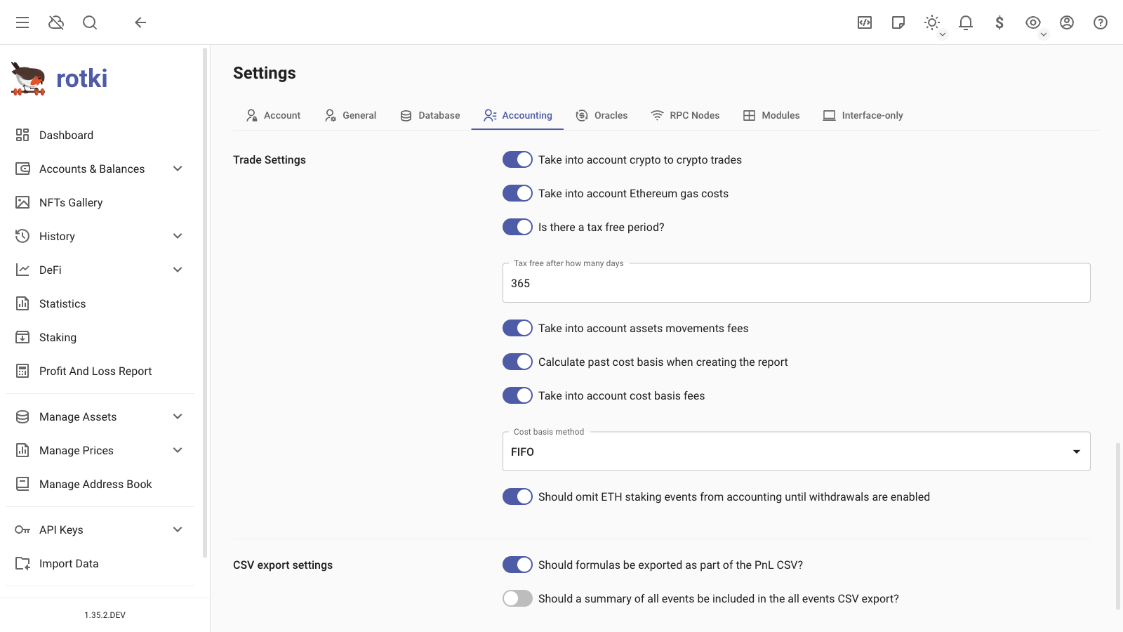 Customizing the accounting trade settings