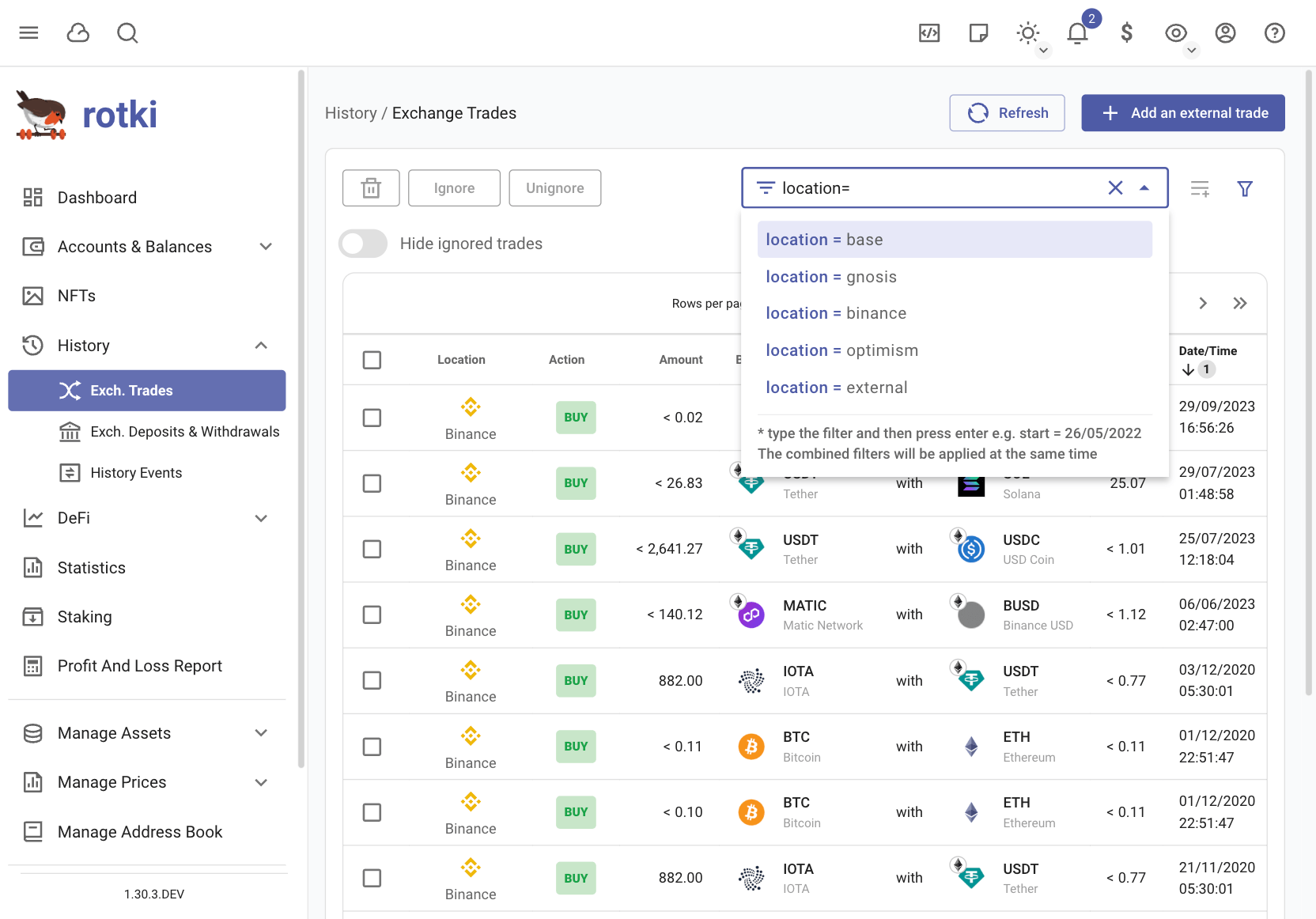 Trade filter suggestions