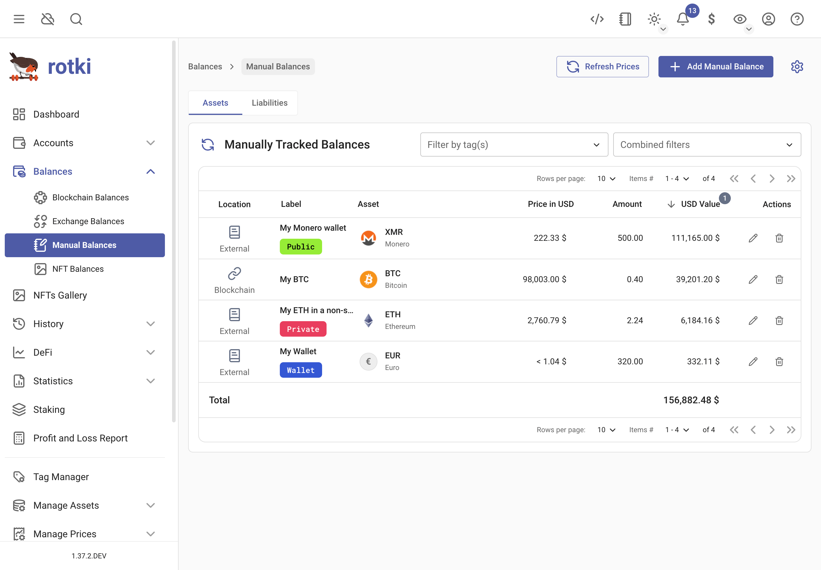 The manually tracked balances