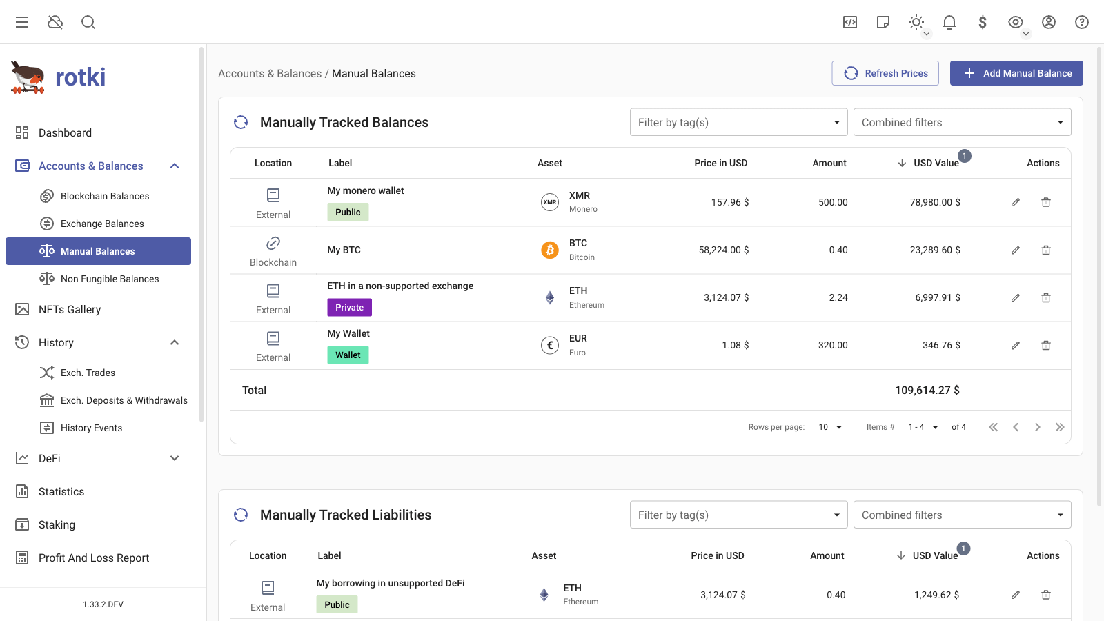 The manually tracked balances