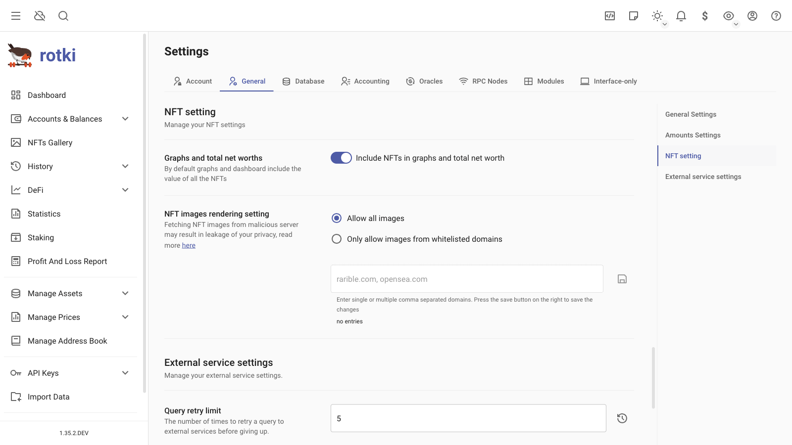 Customizing the app's NFT settings