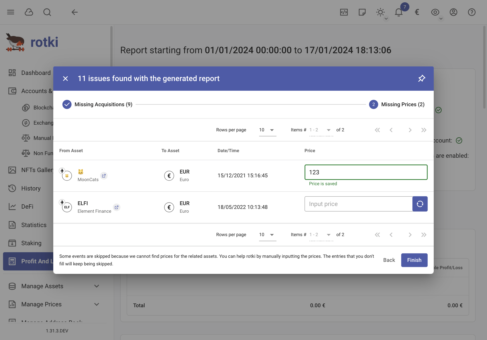 Missing prices asset